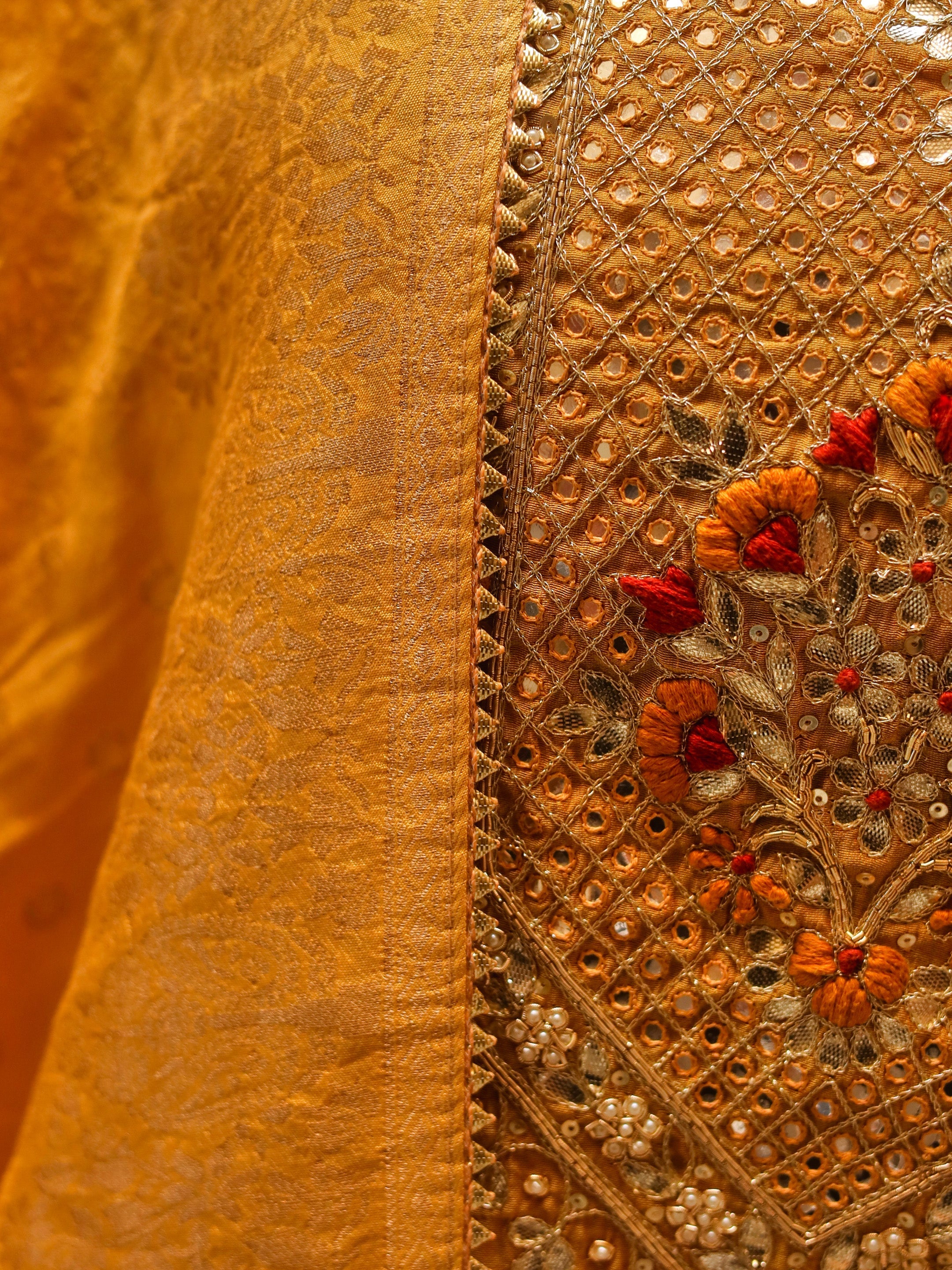 Elyora Yellow Gold Embroidered Chenderi Kurta Sharara Set with Dupatta