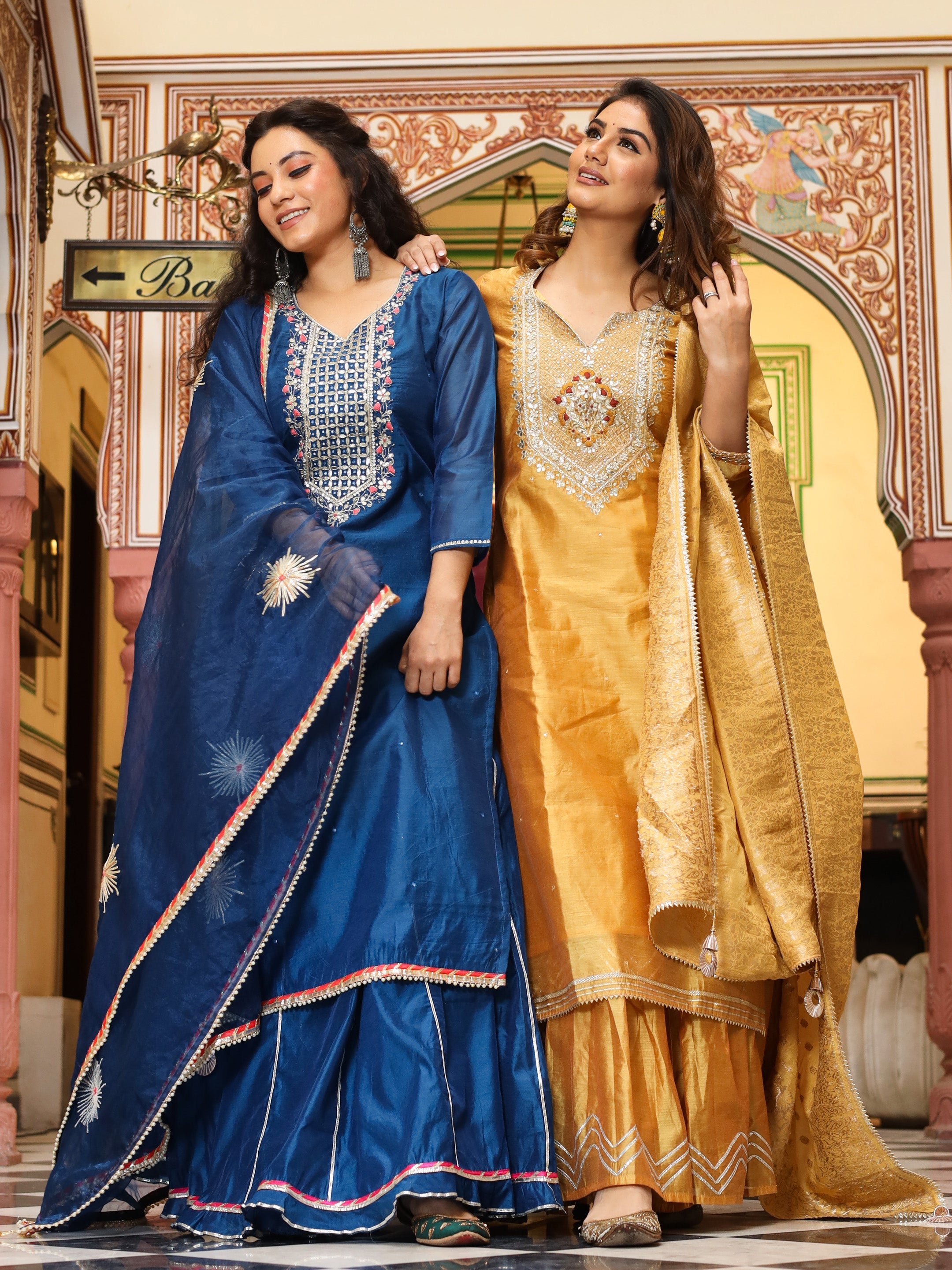 Elyora Blue Solid Chenderi Kurta Skirt Set with Dupatta