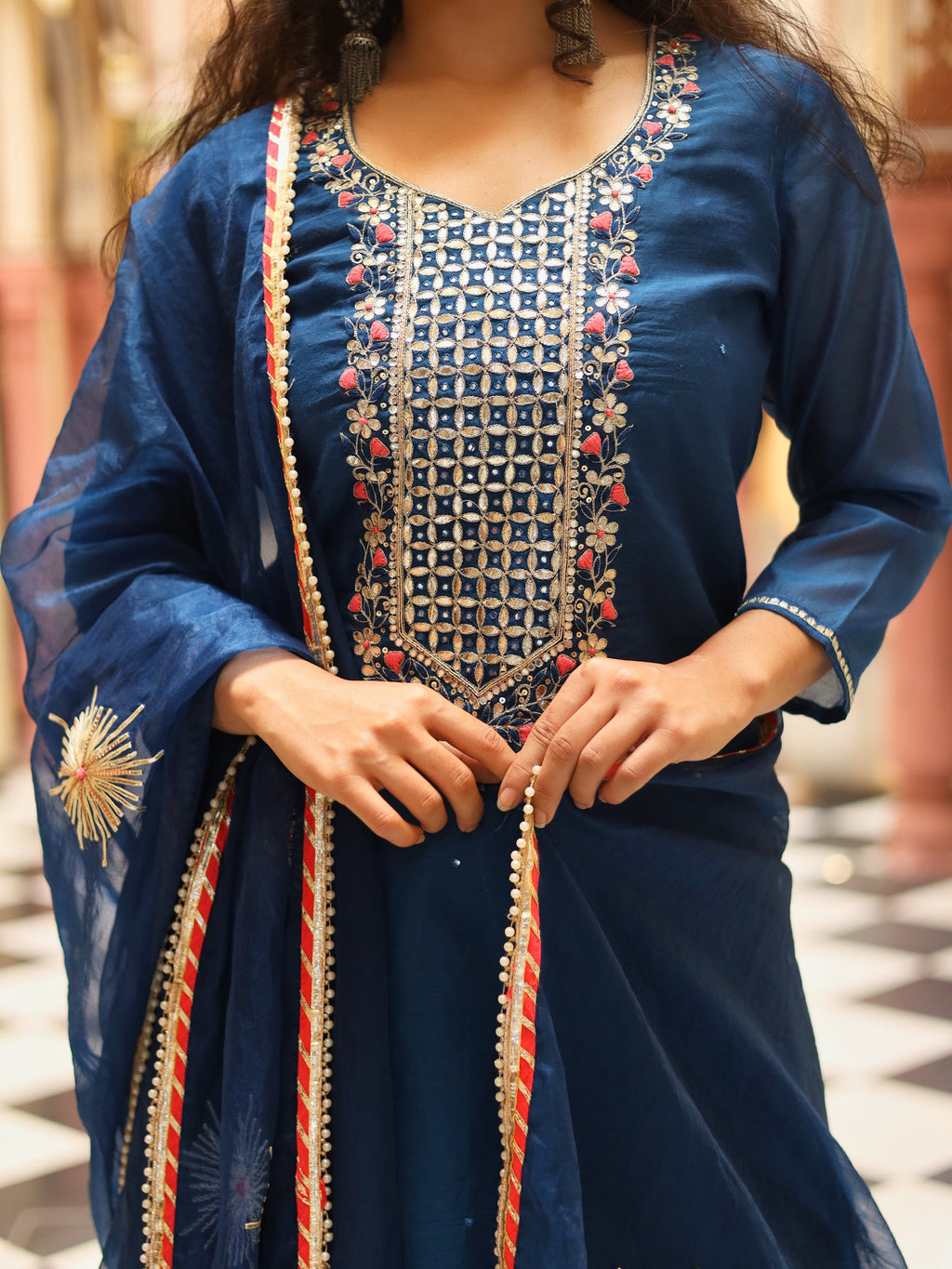 Elyora Blue Solid Chenderi Kurta Skirt Set with Dupatta
