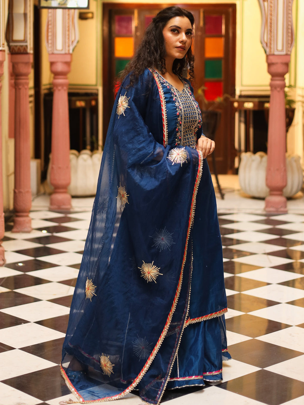 Elyora Blue Solid Chenderi Kurta Skirt Set with Dupatta