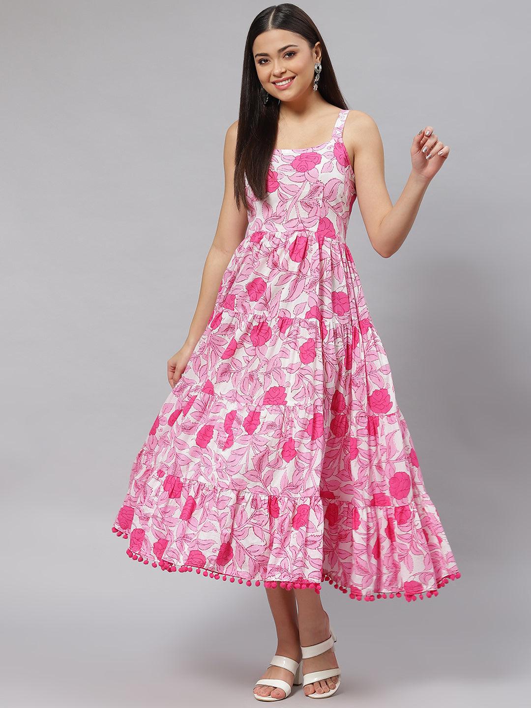 Elyora white & Pink Floral Shoulder Strip Long Dress - Elyora world