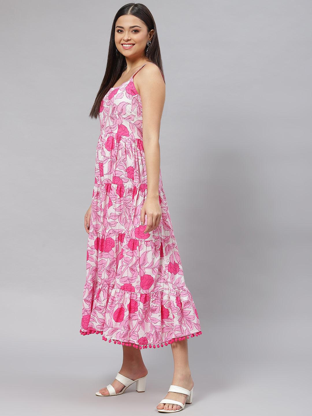 Elyora white & Pink Floral Shoulder Strip Long Dress - Elyora world