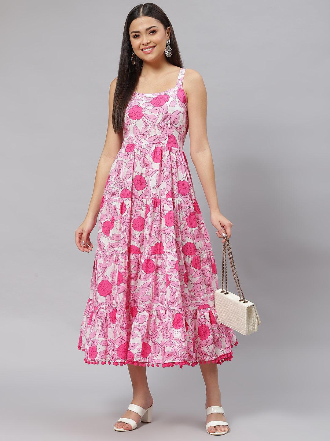 Elyora white & Pink Floral Shoulder Strip Long Dress - Elyora world