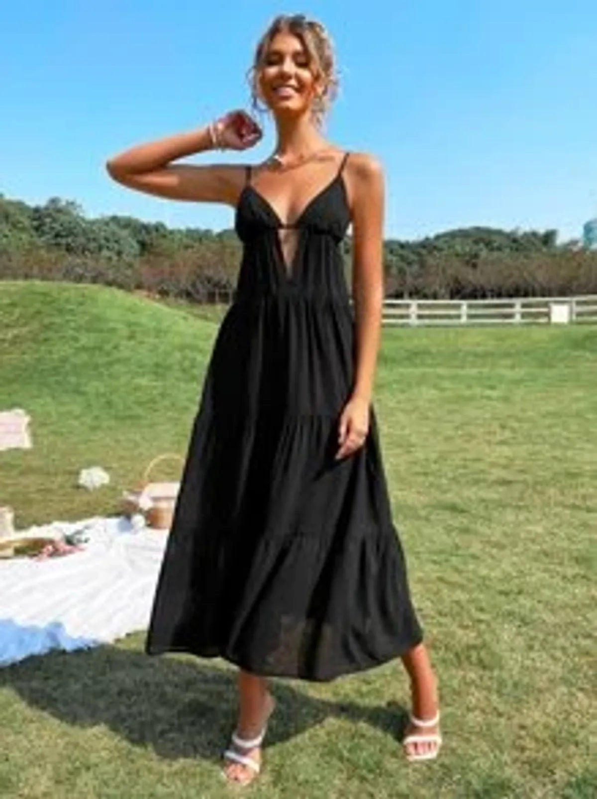 Black Color Cut Out Front Ruffle Hem Cami Dress