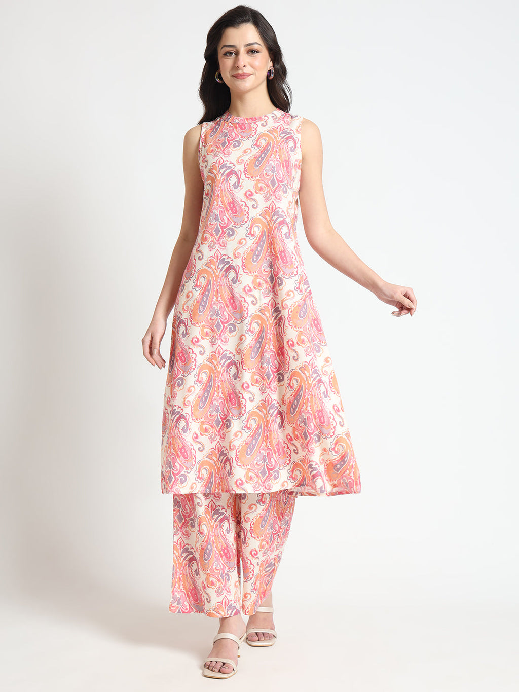 Elyora Cream Floral Print Rayon Fabric Co-ord set