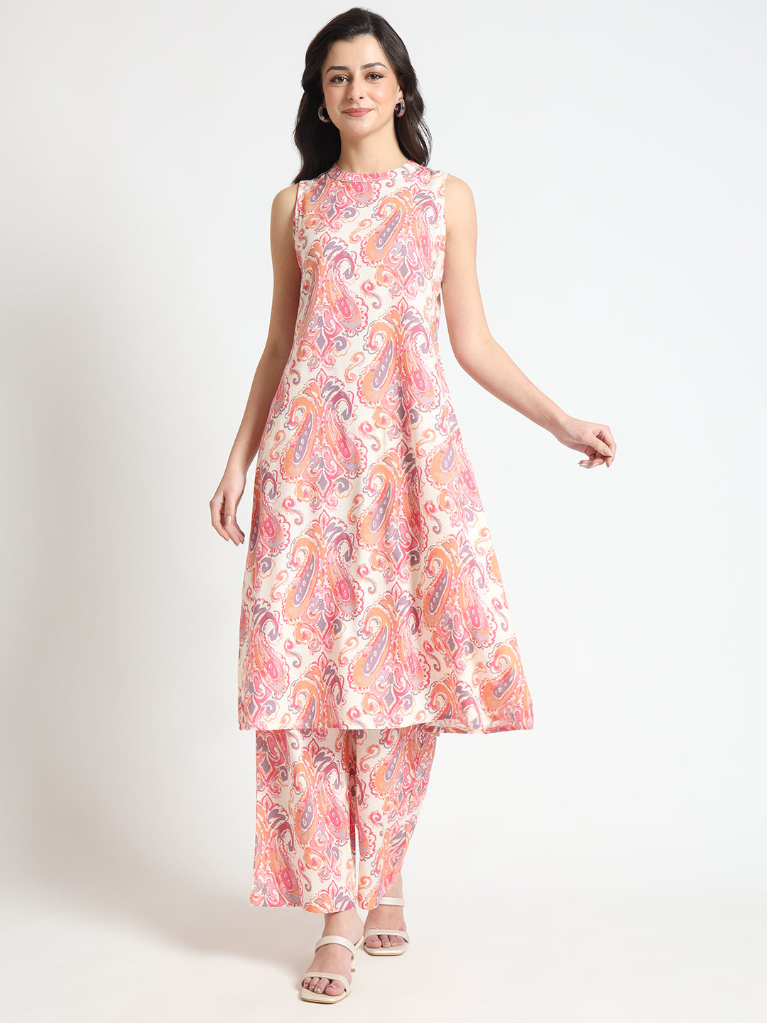 Elyora Cream Floral Print Rayon Fabric Co-ord set