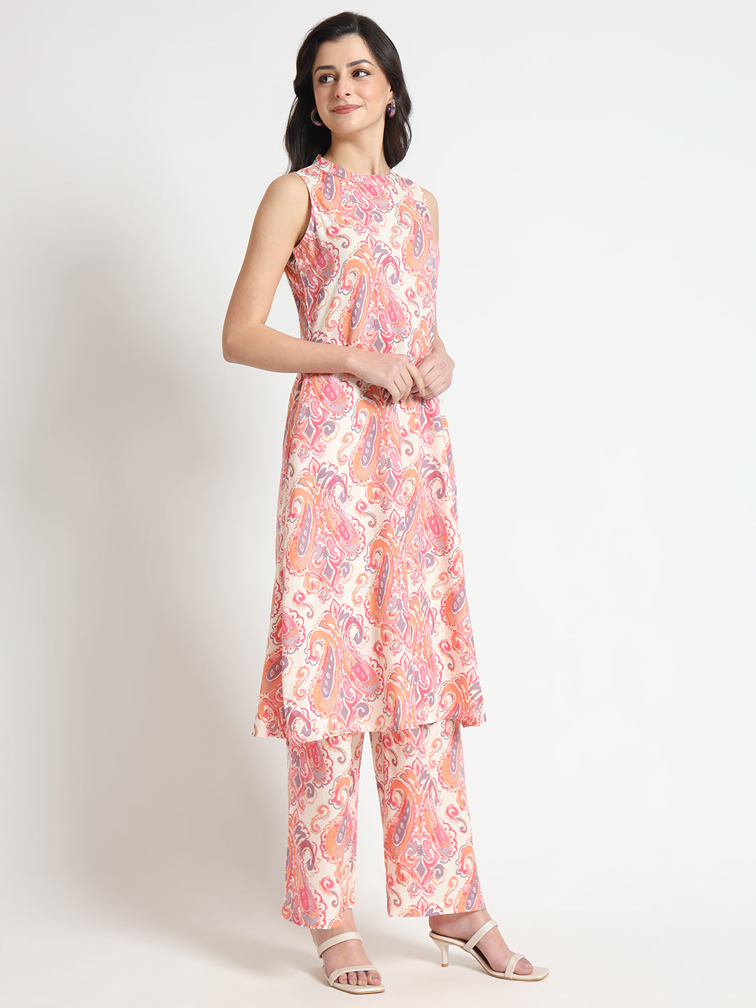 Elyora Cream Floral Print Rayon Fabric Co-ord set