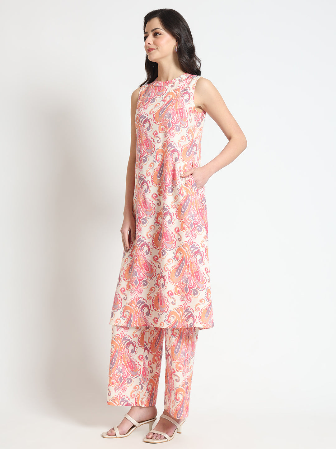 Elyora Cream Floral Print Rayon Fabric Co-ord set