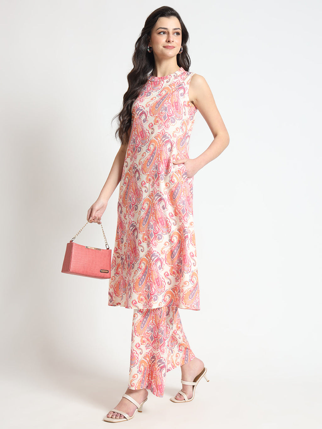 Elyora Cream Floral Print Rayon Fabric Co-ord set