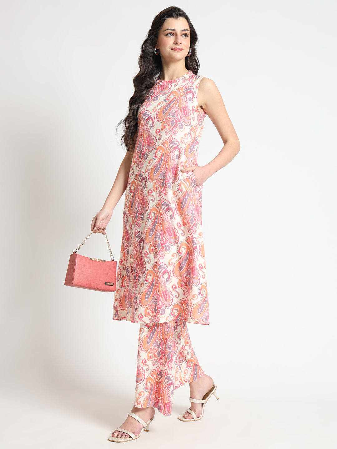 Elyora Cream Floral Print Rayon Fabric Co-ord set