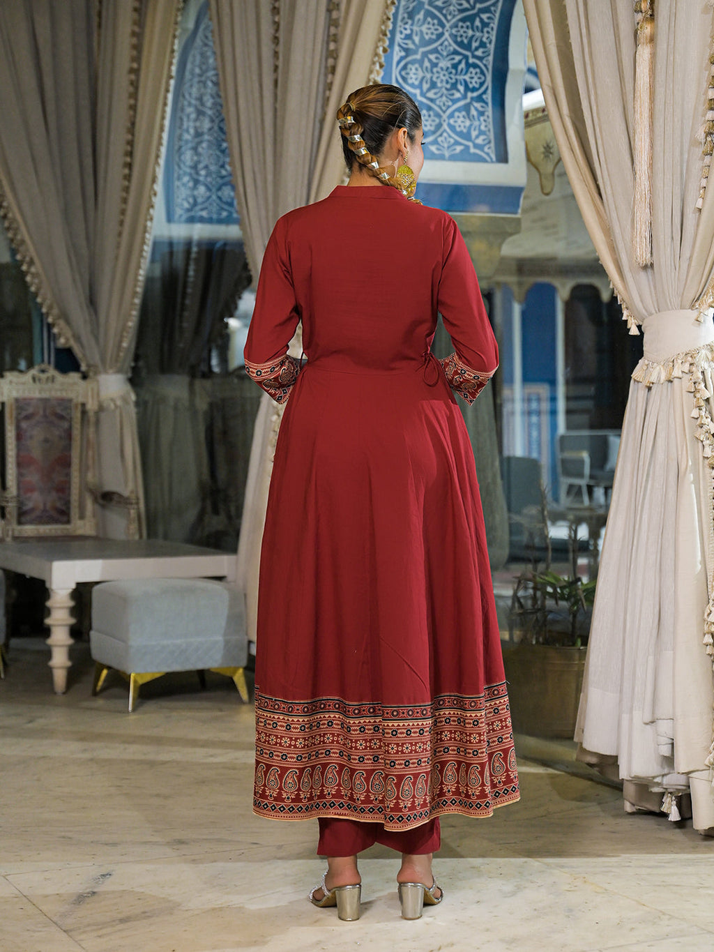 Elyora Red Paisley Print Cotton Anarkali Kurta Pant Set With Dupatta