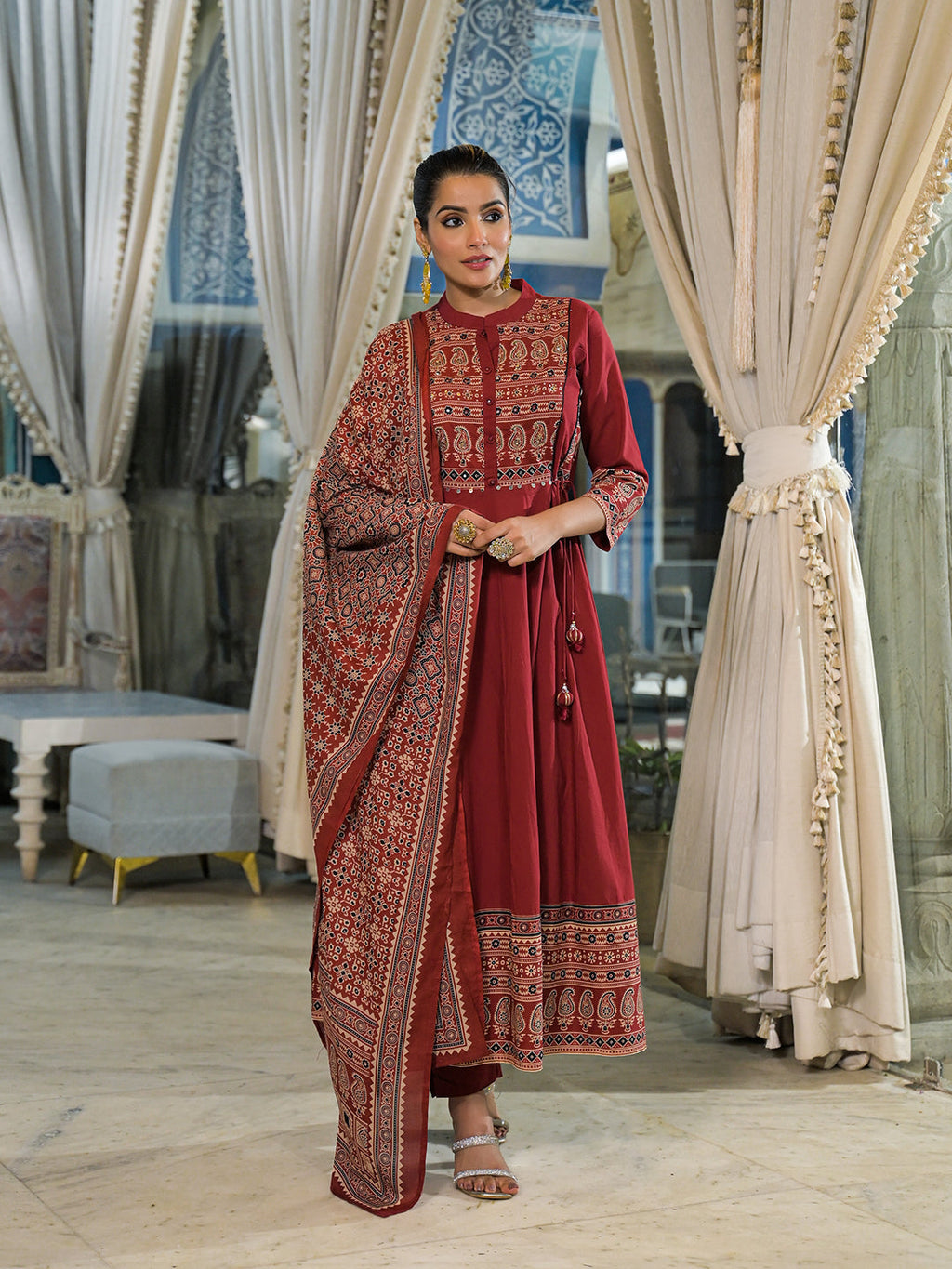 Elyora Red Paisley Print Cotton Anarkali Kurta Pant Set With Dupatta