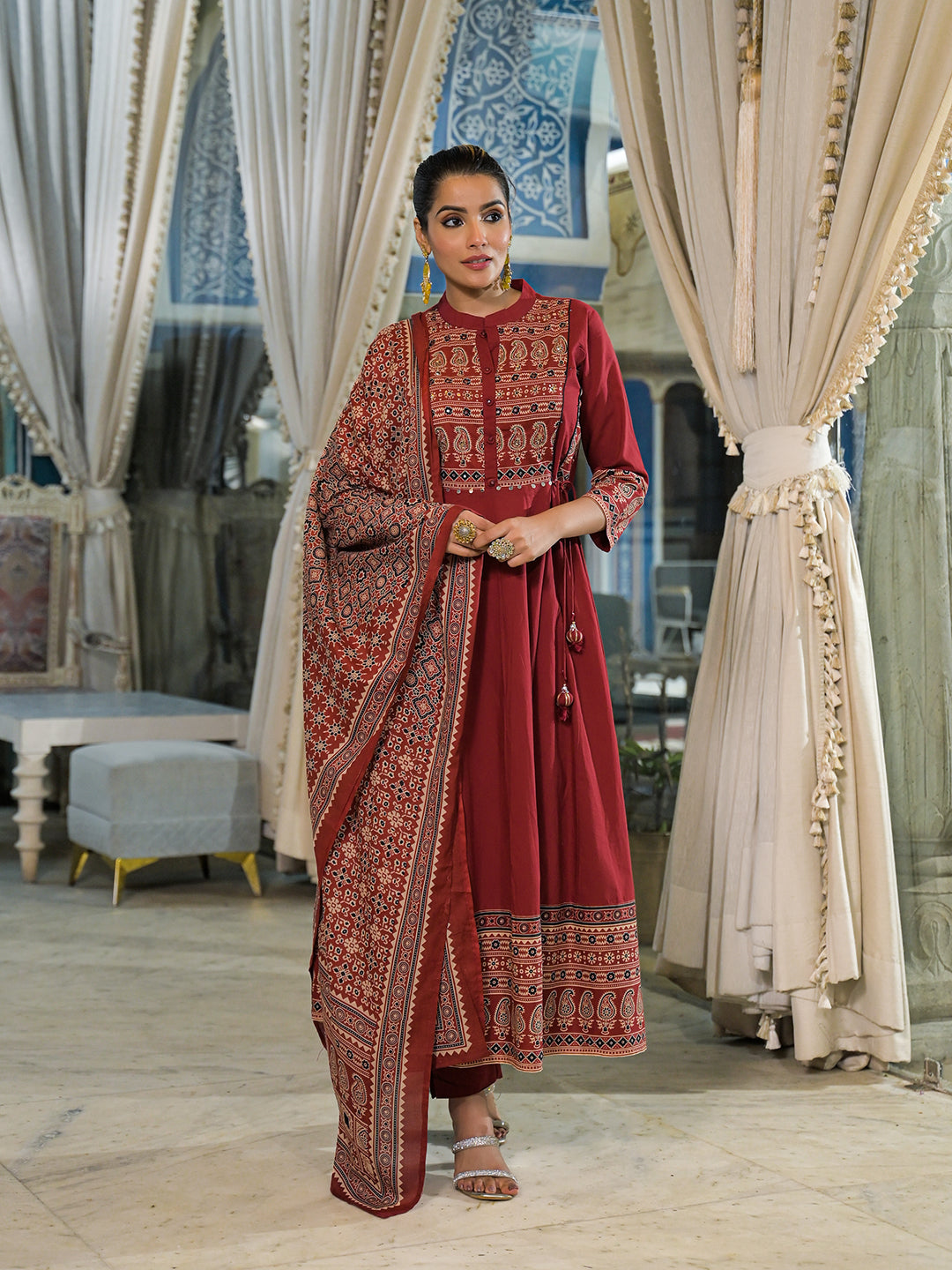 Elyora Red Paisley Print Cotton Anarkali Kurta Pant Set With Dupatta