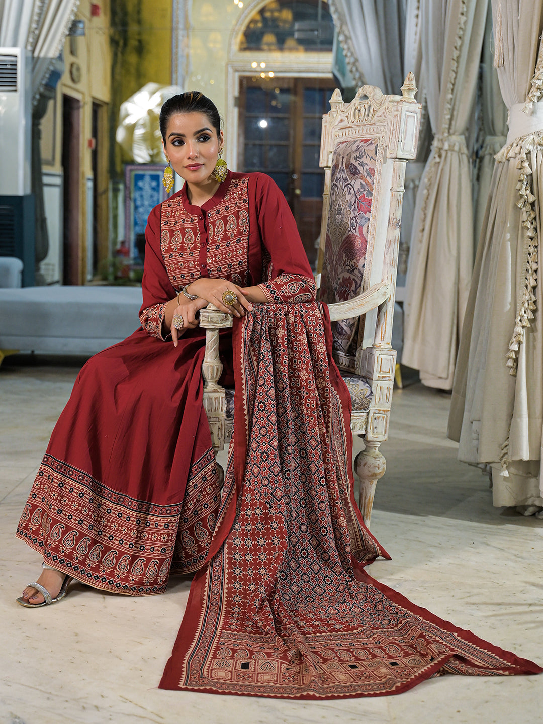 Elyora Red Paisley Print Cotton Anarkali Kurta Pant Set With Dupatta