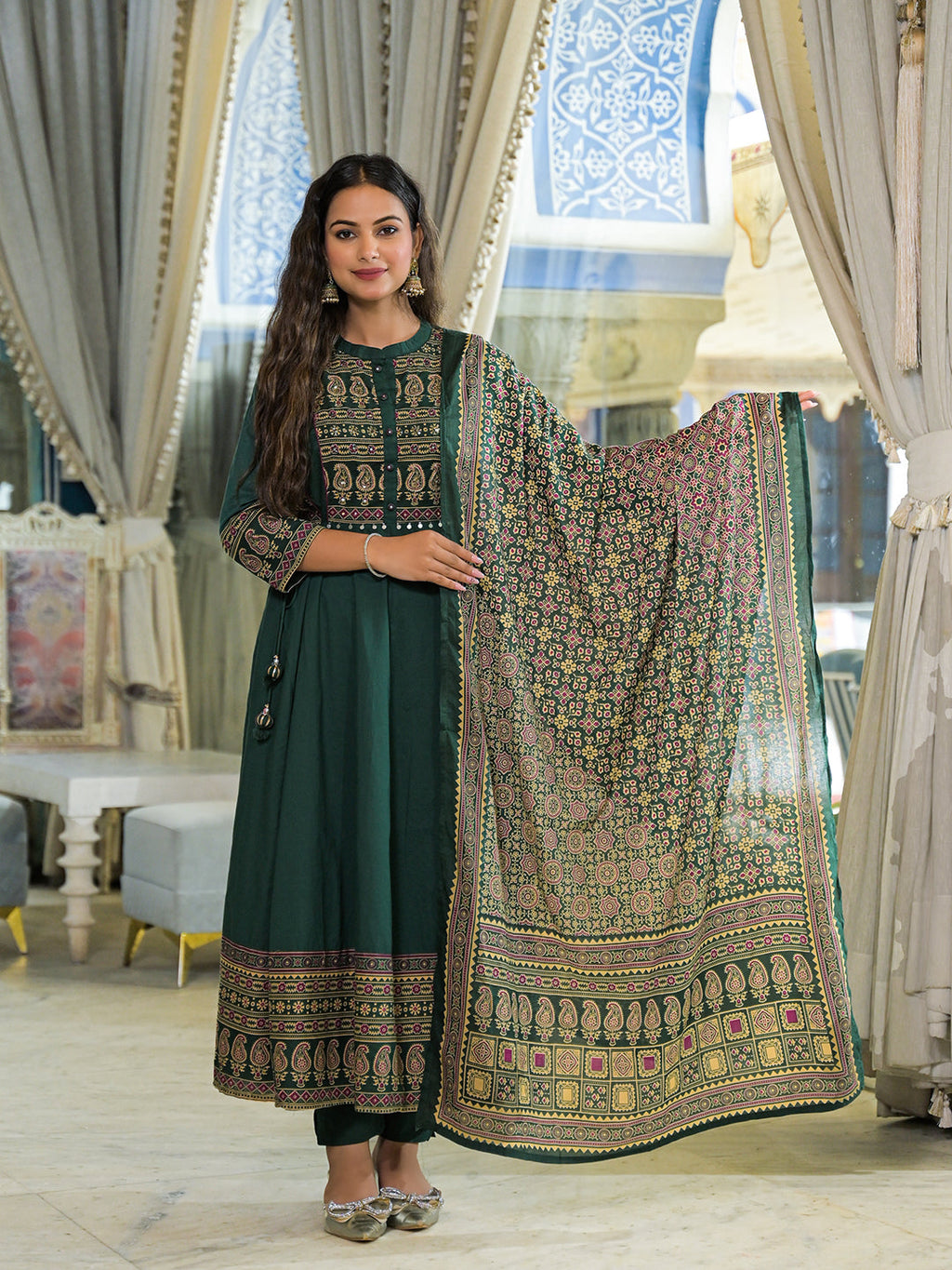 Elyora Green Paisley Print Cotton Anarkali Kurta Pant Set With Dupatta