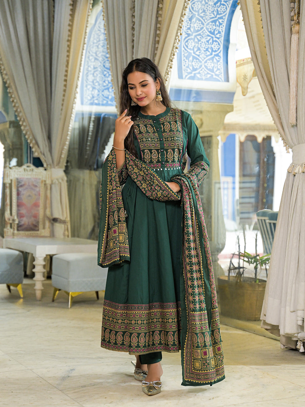 Elyora Green Paisley Print Cotton Anarkali Kurta Pant Set With Dupatta