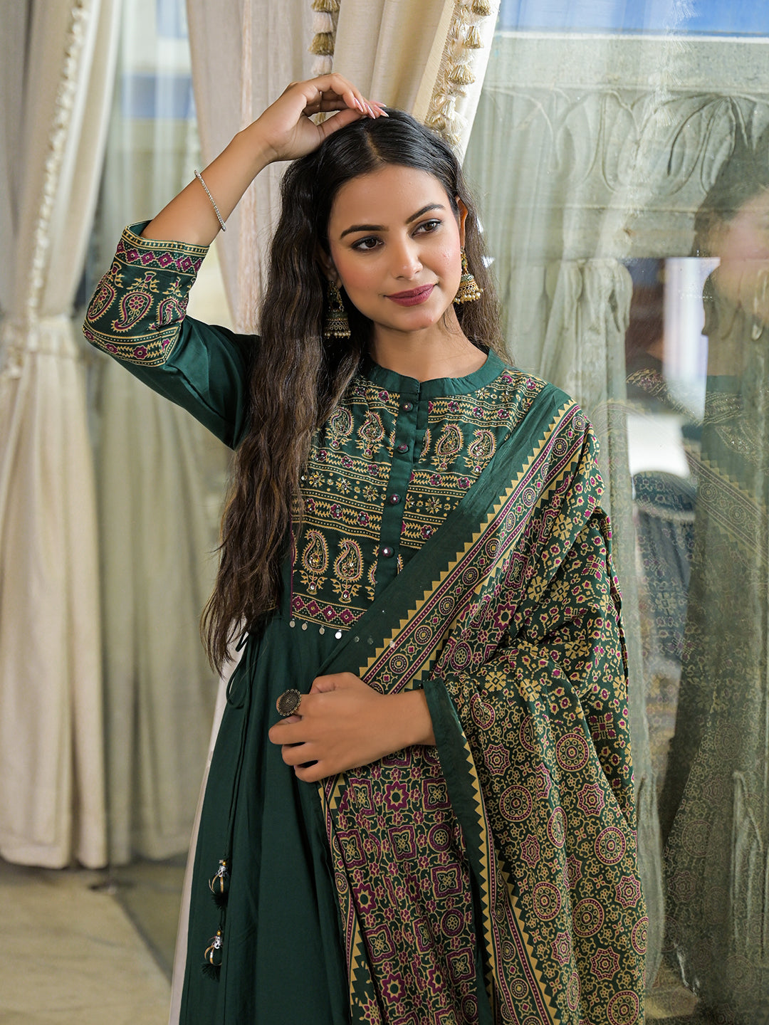 Elyora Green Paisley Print Cotton Anarkali Kurta Pant Set With Dupatta