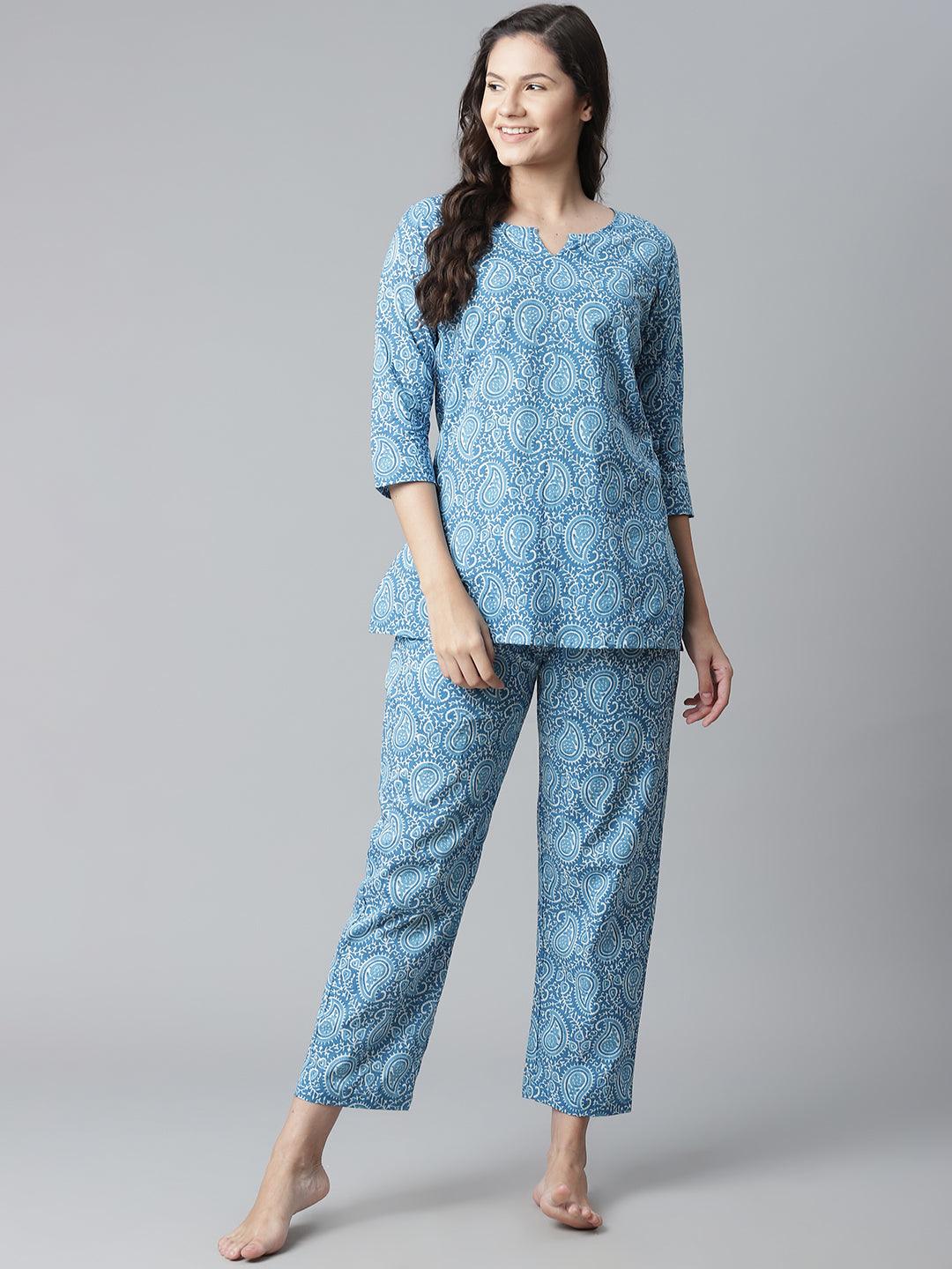 Elyora Blue Printed Cotton Nightwear - Elyora world