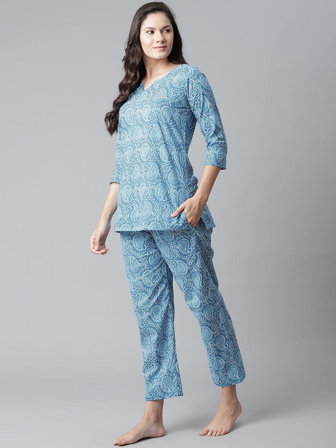 Elyora Blue Printed Cotton Nightwear - Elyora world