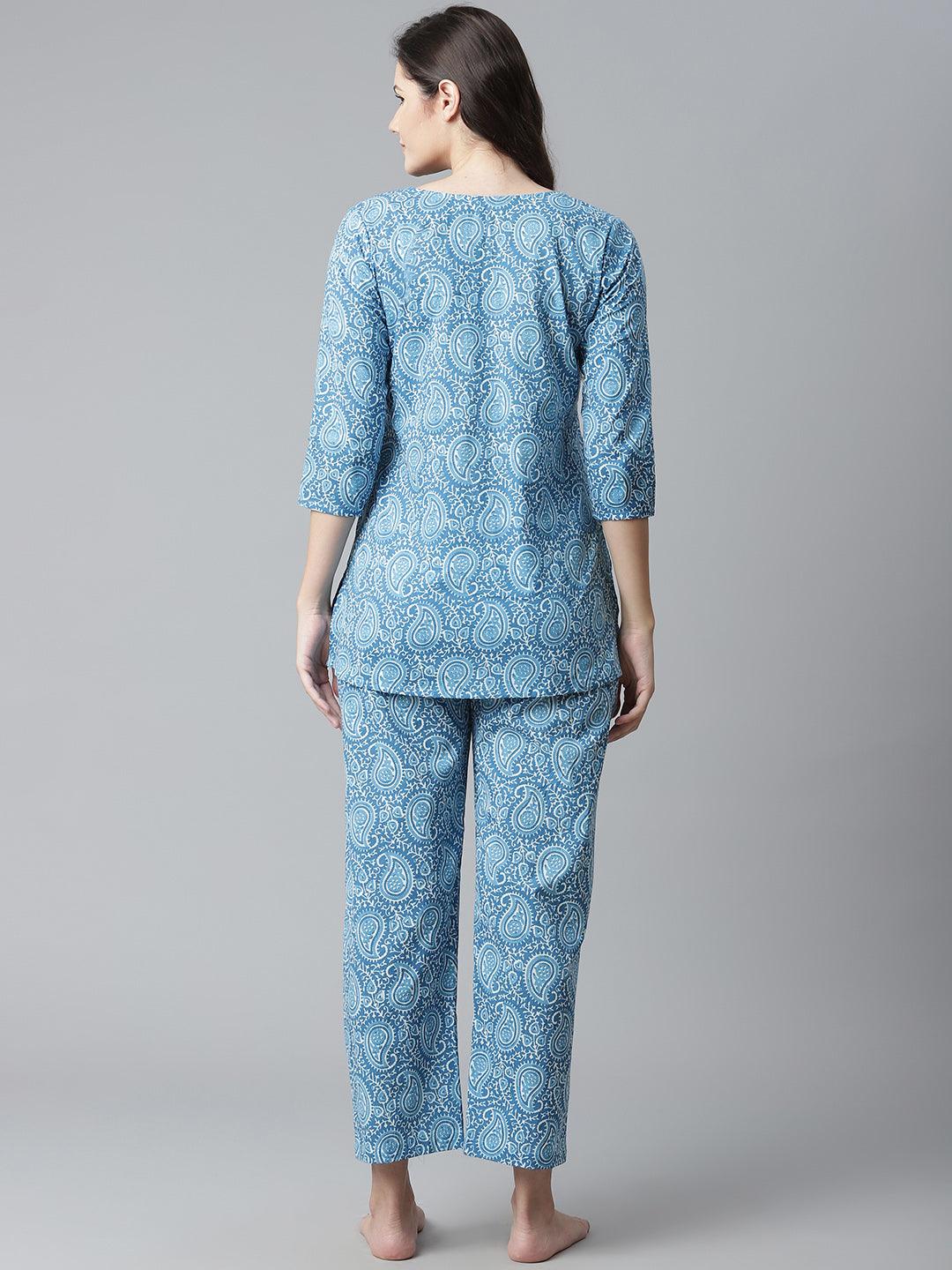 Elyora Blue Printed Cotton Nightwear - Elyora world
