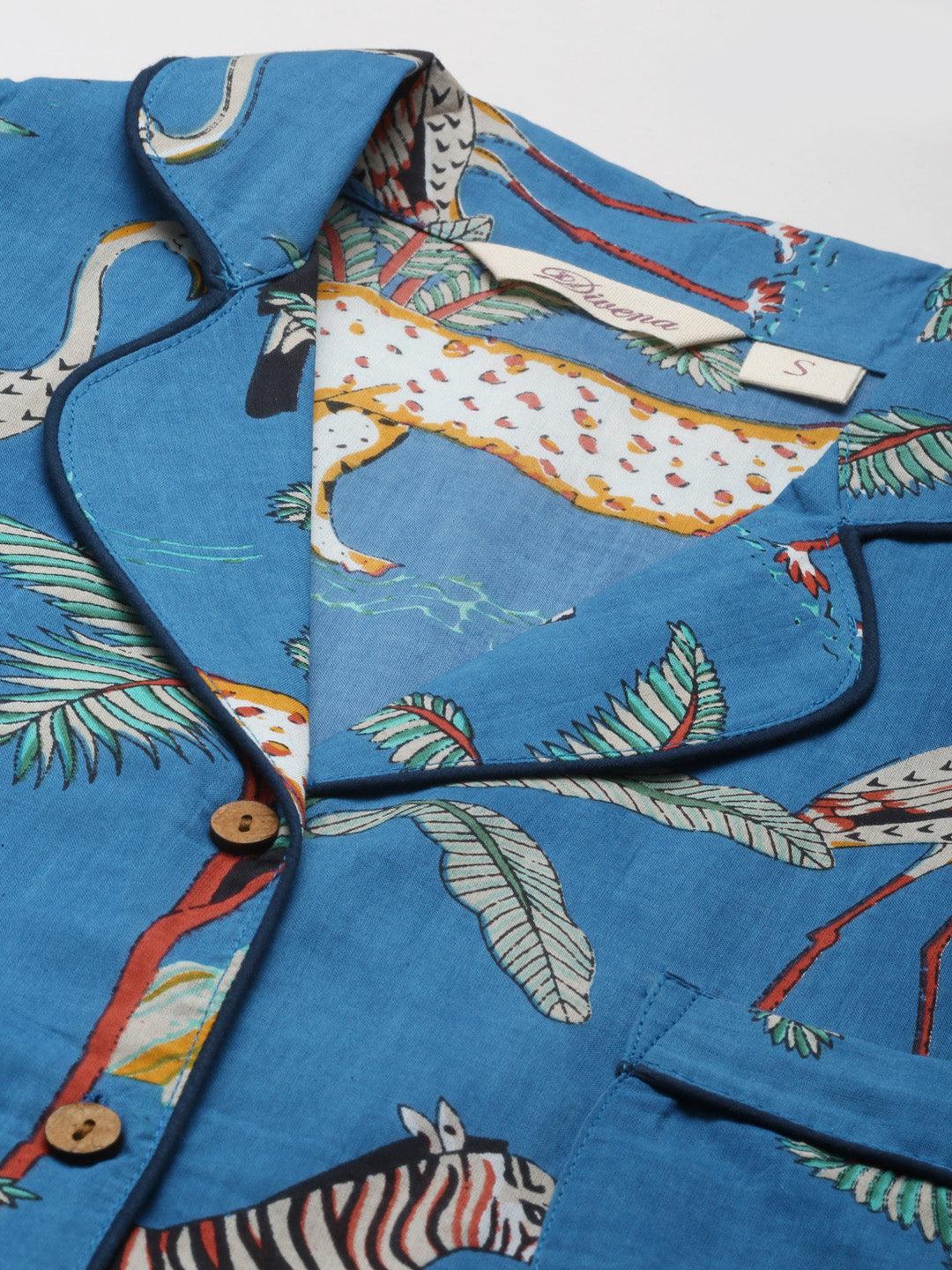 Elyora Teal blue Cotton Animal Print Night suit - Elyora world