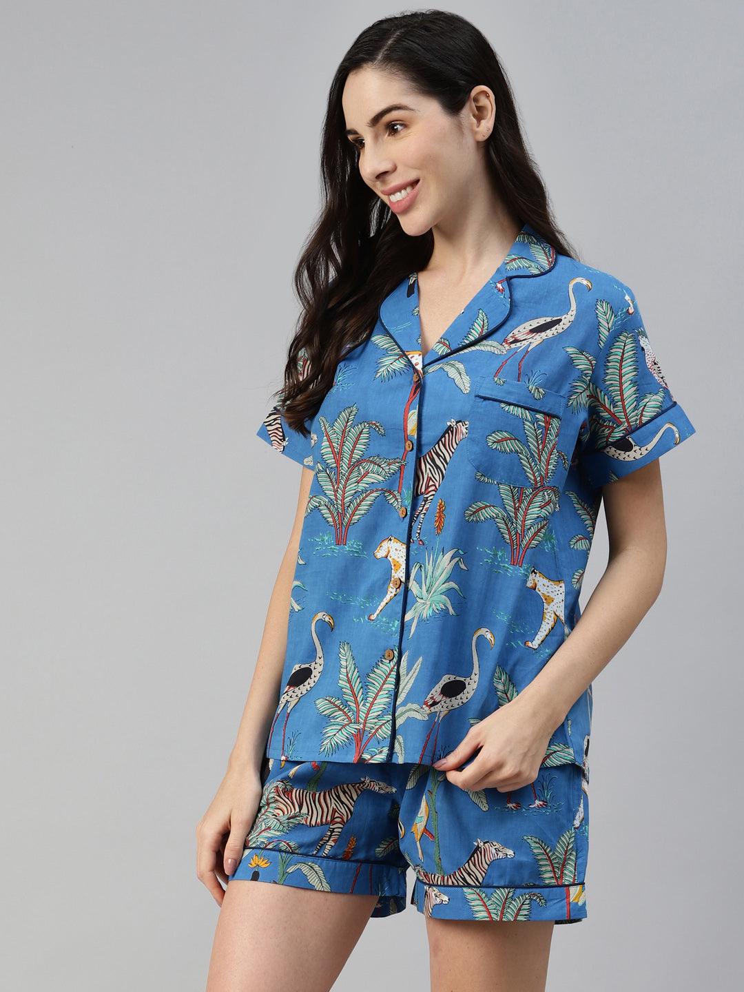 Elyora Teal blue Cotton Animal Print Night suit - Elyora world