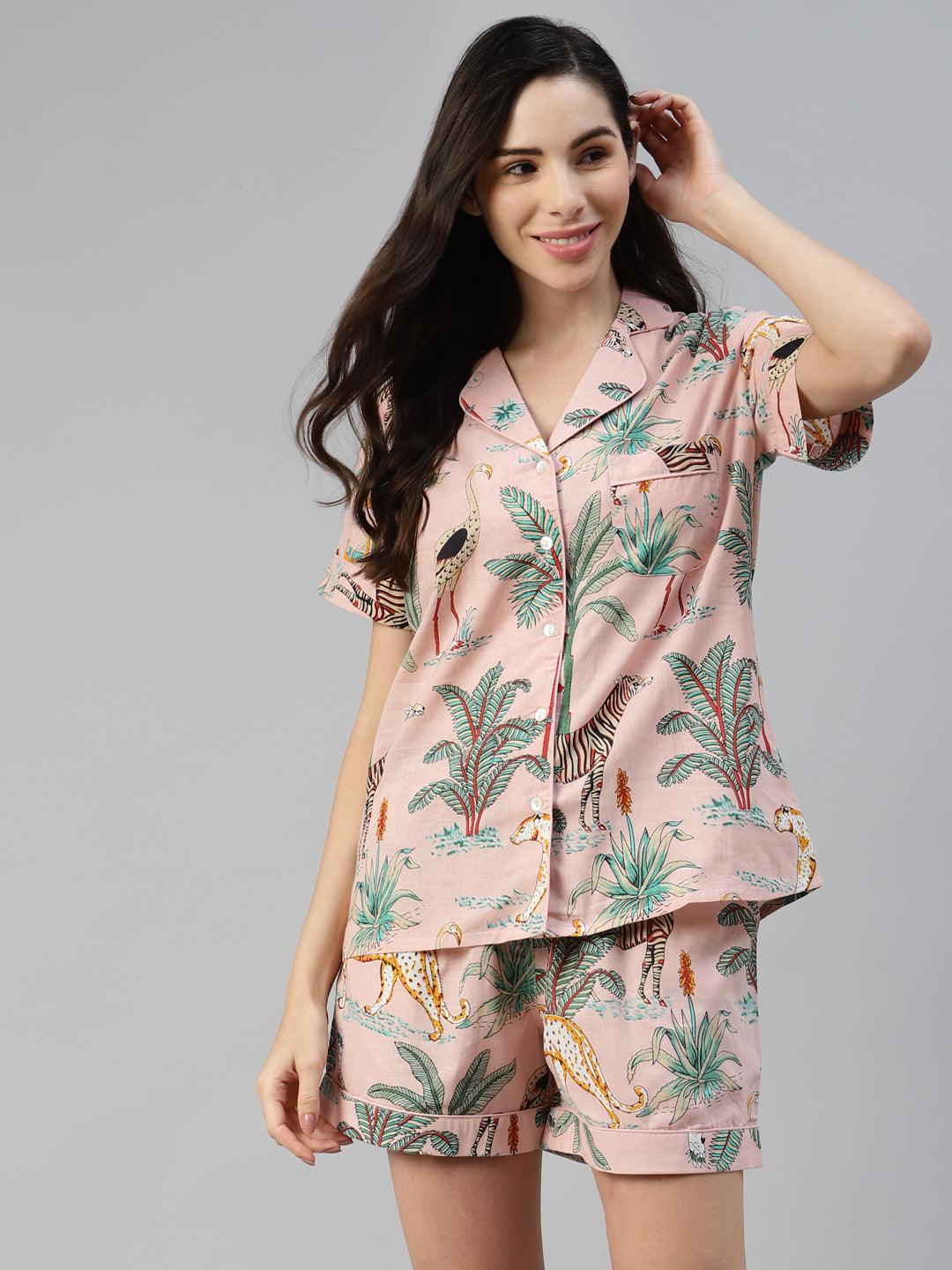 Elyora Pink Cotton Floral Print Night Suit - Elyora world