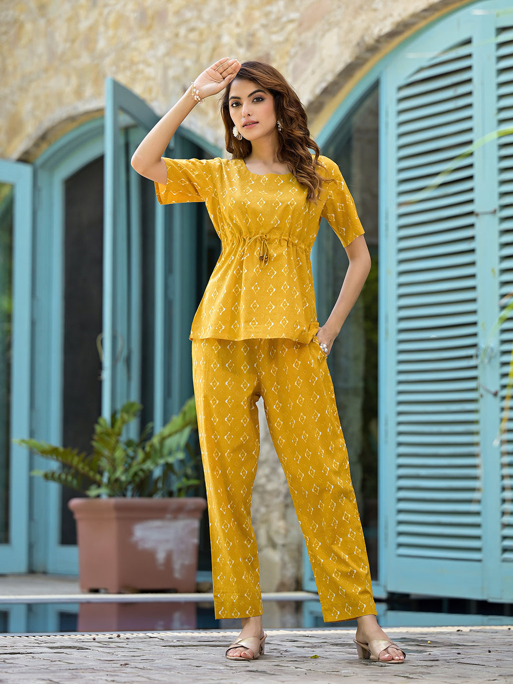 Elyora Mustard Cotton A-line Night Suit with Adjustable Waist Dori