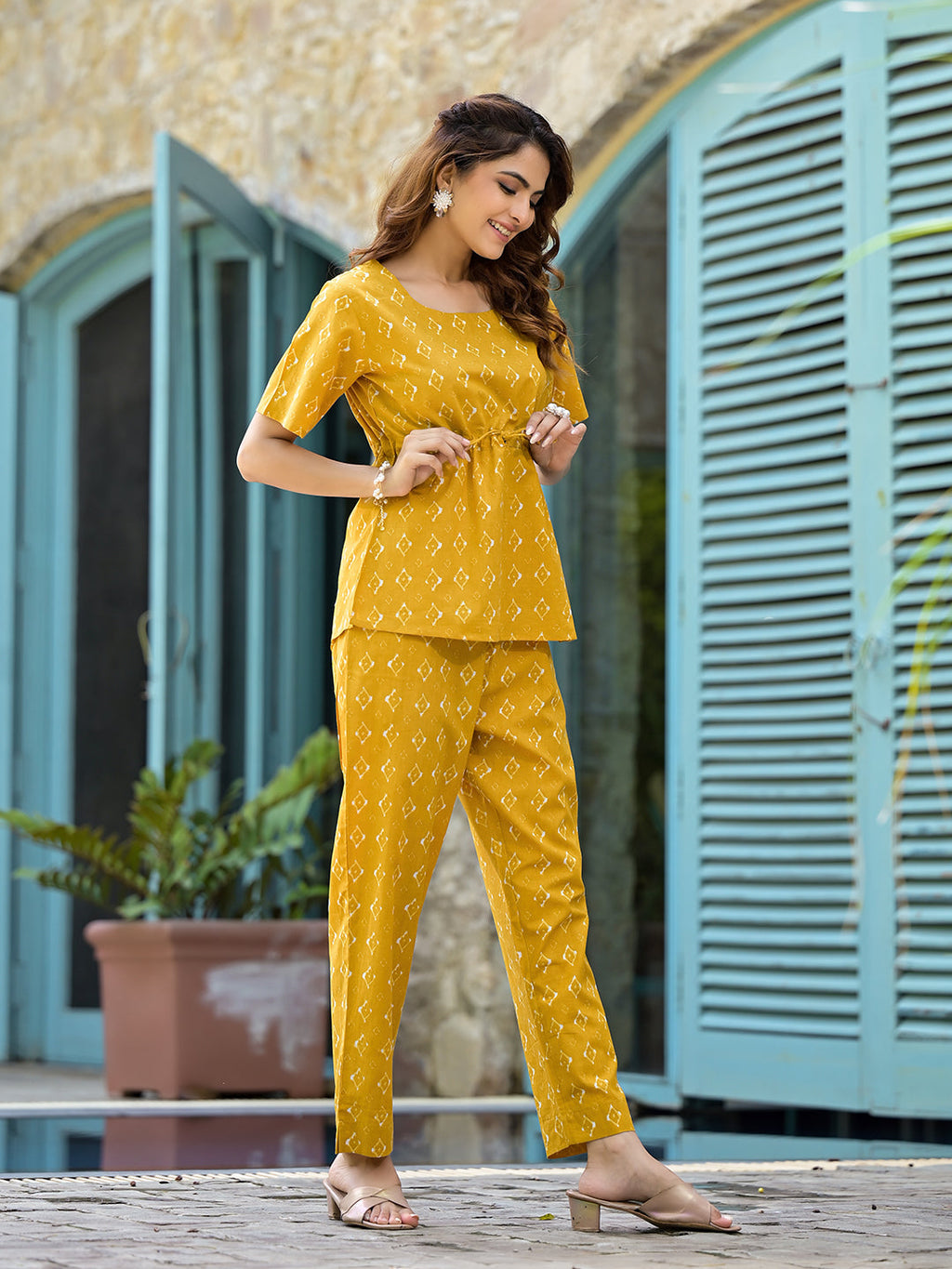 Elyora Mustard Cotton A-line Night Suit with Adjustable Waist Dori