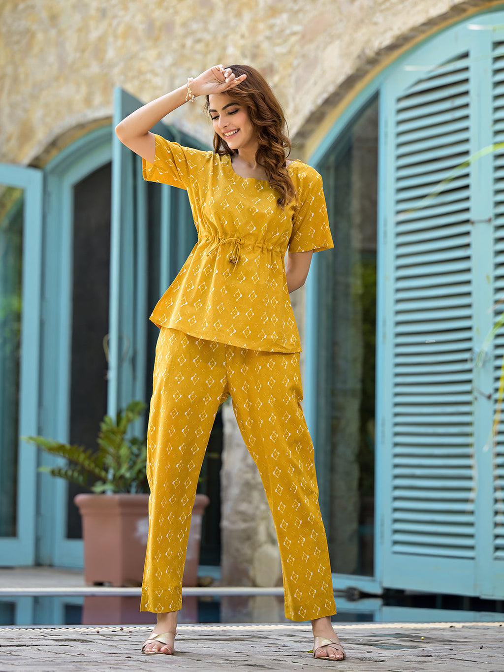 Elyora Mustard Cotton A-line Night Suit with Adjustable Waist Dori