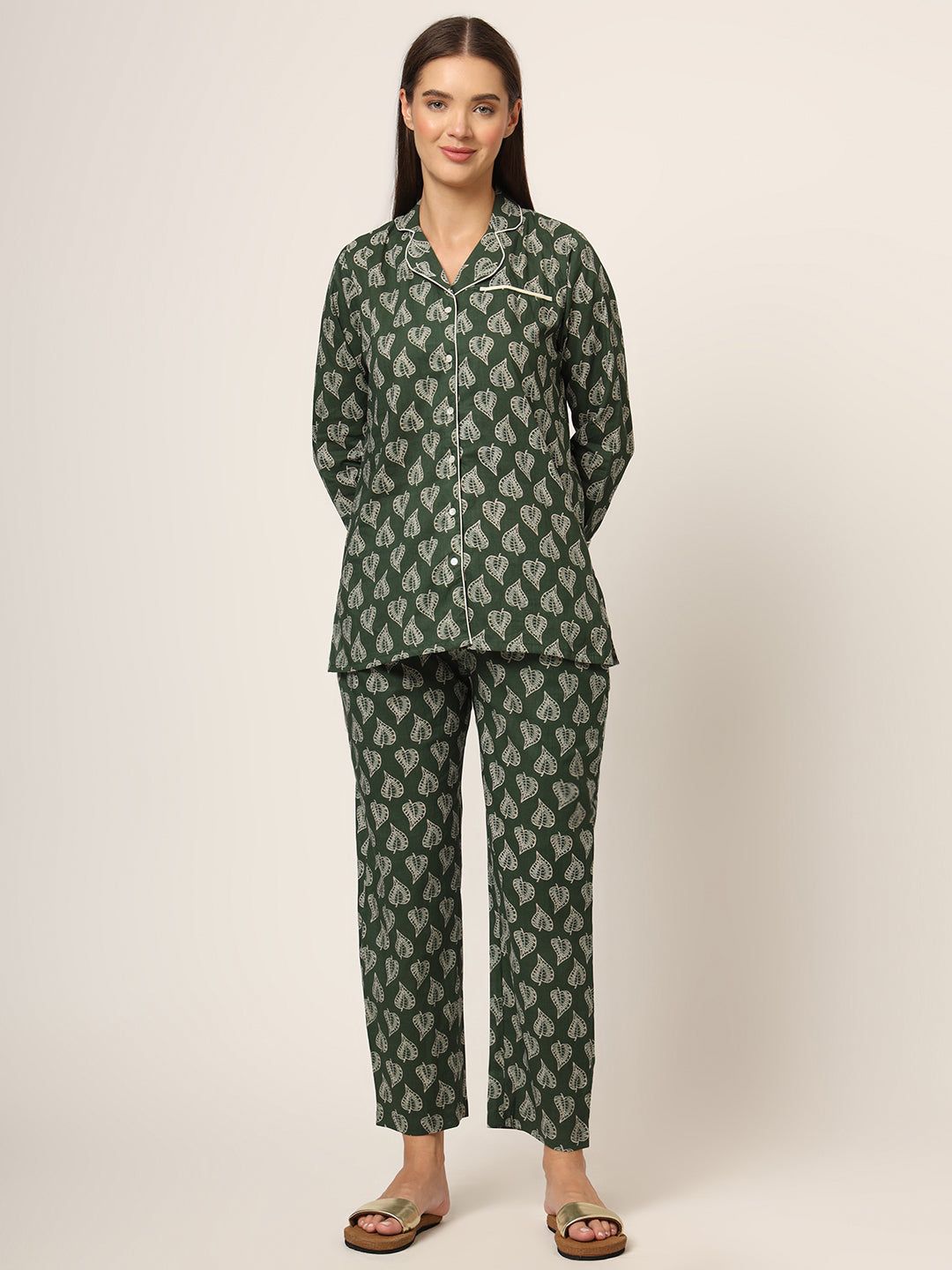 Elyora Green Floral Print Cotton Regular Fit Night Suit