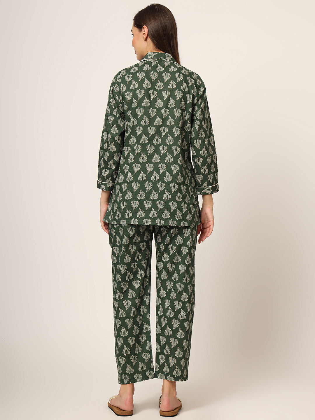 Elyora Green Floral Print Cotton Regular Fit Night Suit