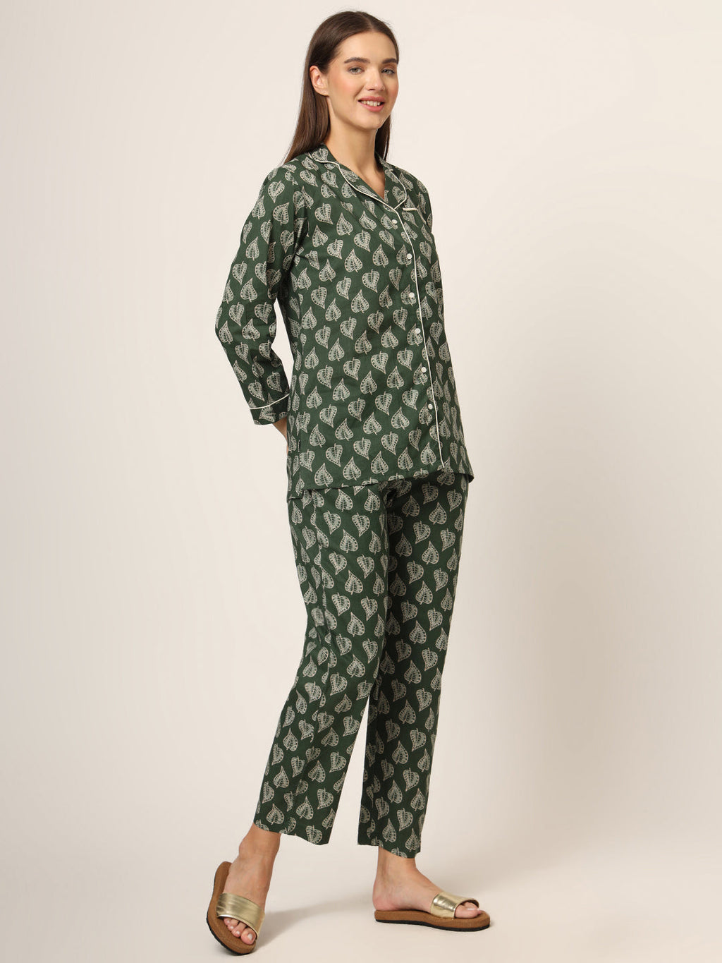 Elyora Green Floral Print Cotton Regular Fit Night Suit