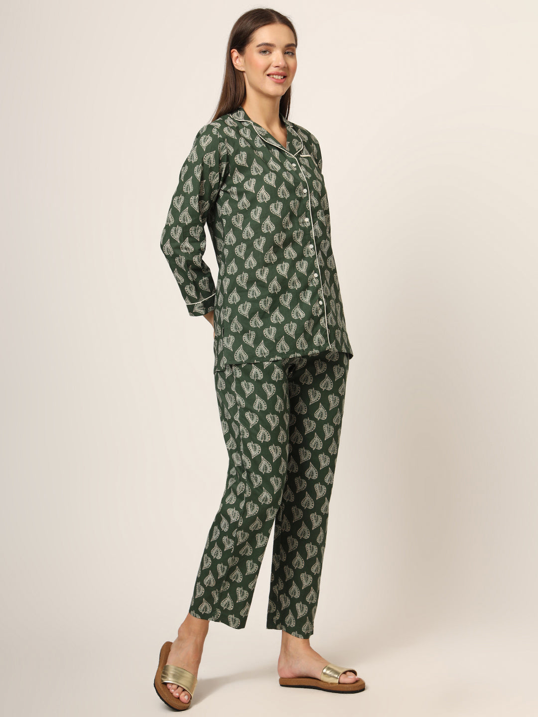 Elyora Green Floral Print Cotton Regular Fit Night Suit