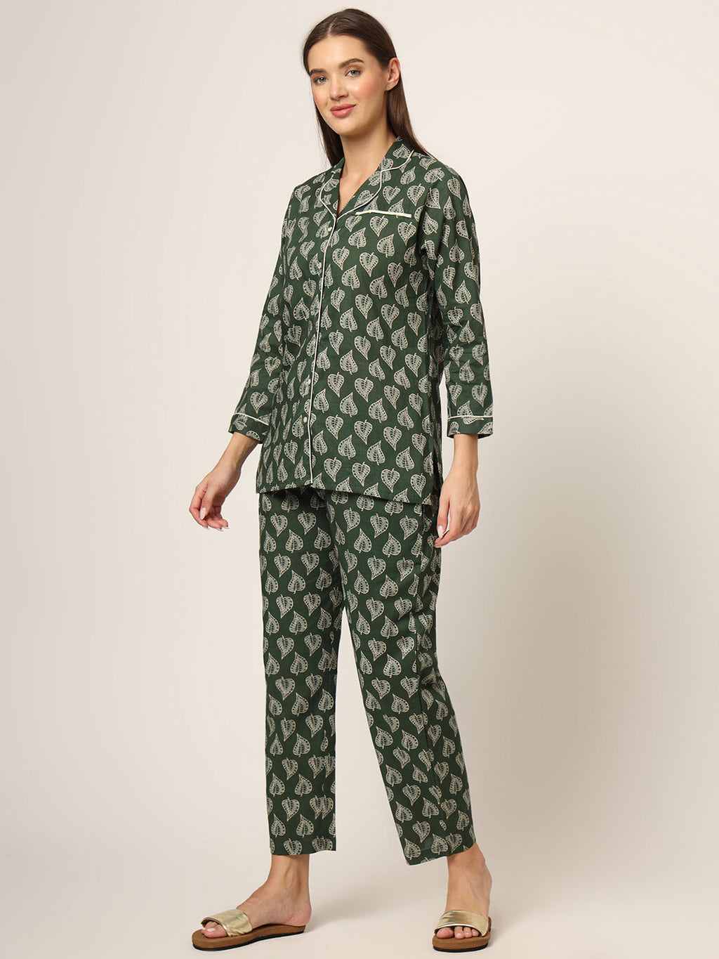 Elyora Green Floral Print Cotton Regular Fit Night Suit