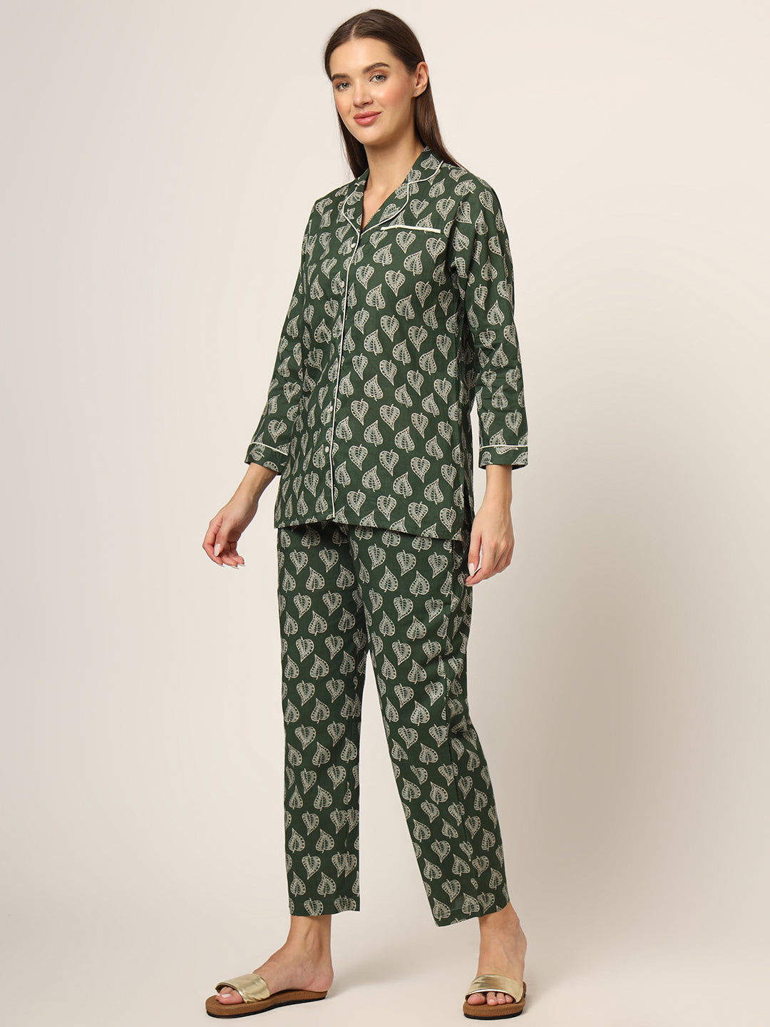 Elyora Green Floral Print Cotton Regular Fit Night Suit