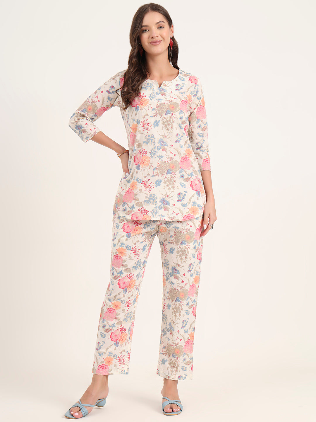 Elyora White Printed Cotton Night Suit Sets