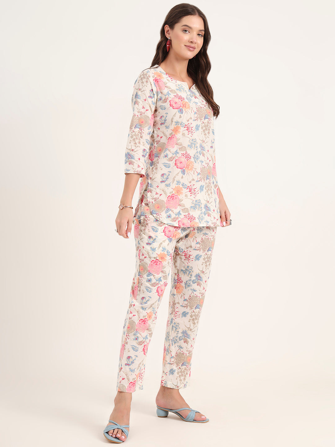 Elyora White Printed Cotton Night Suit Sets