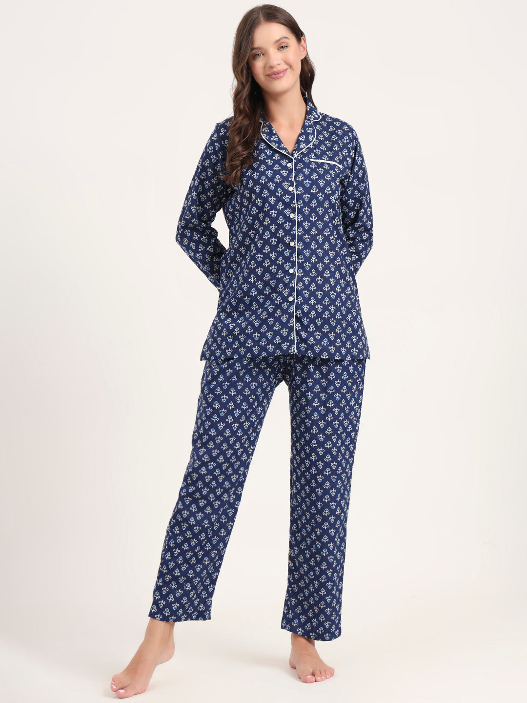 Elyora Blue Cotton Printed Night Suits