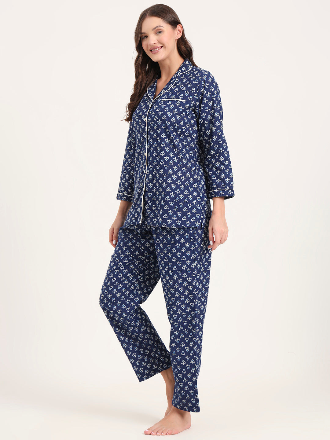 Elyora Blue Cotton Printed Night Suits