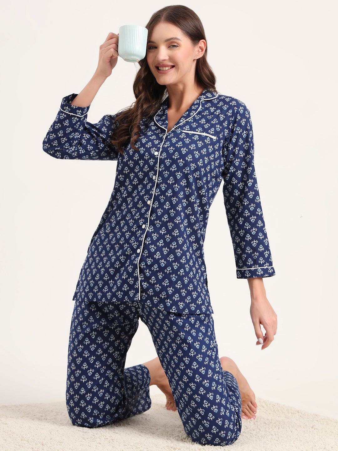 Elyora Blue Cotton Printed Night Suits
