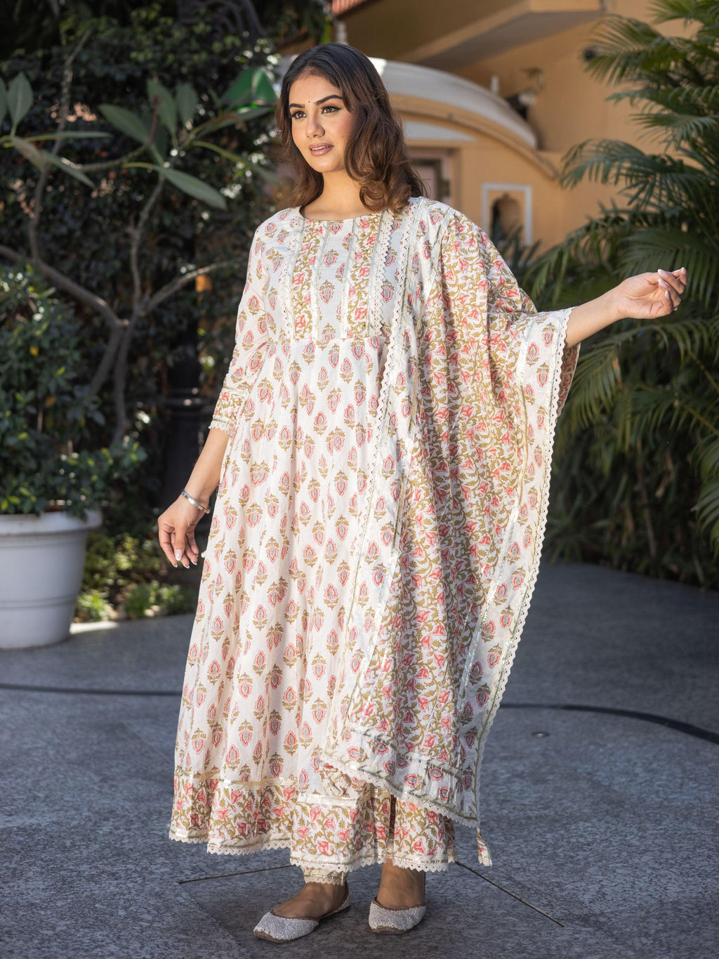 Elyora Cream Floral Anarkali Cotton Kurta Palazzo set with Dupatta - Elyoraworld.com