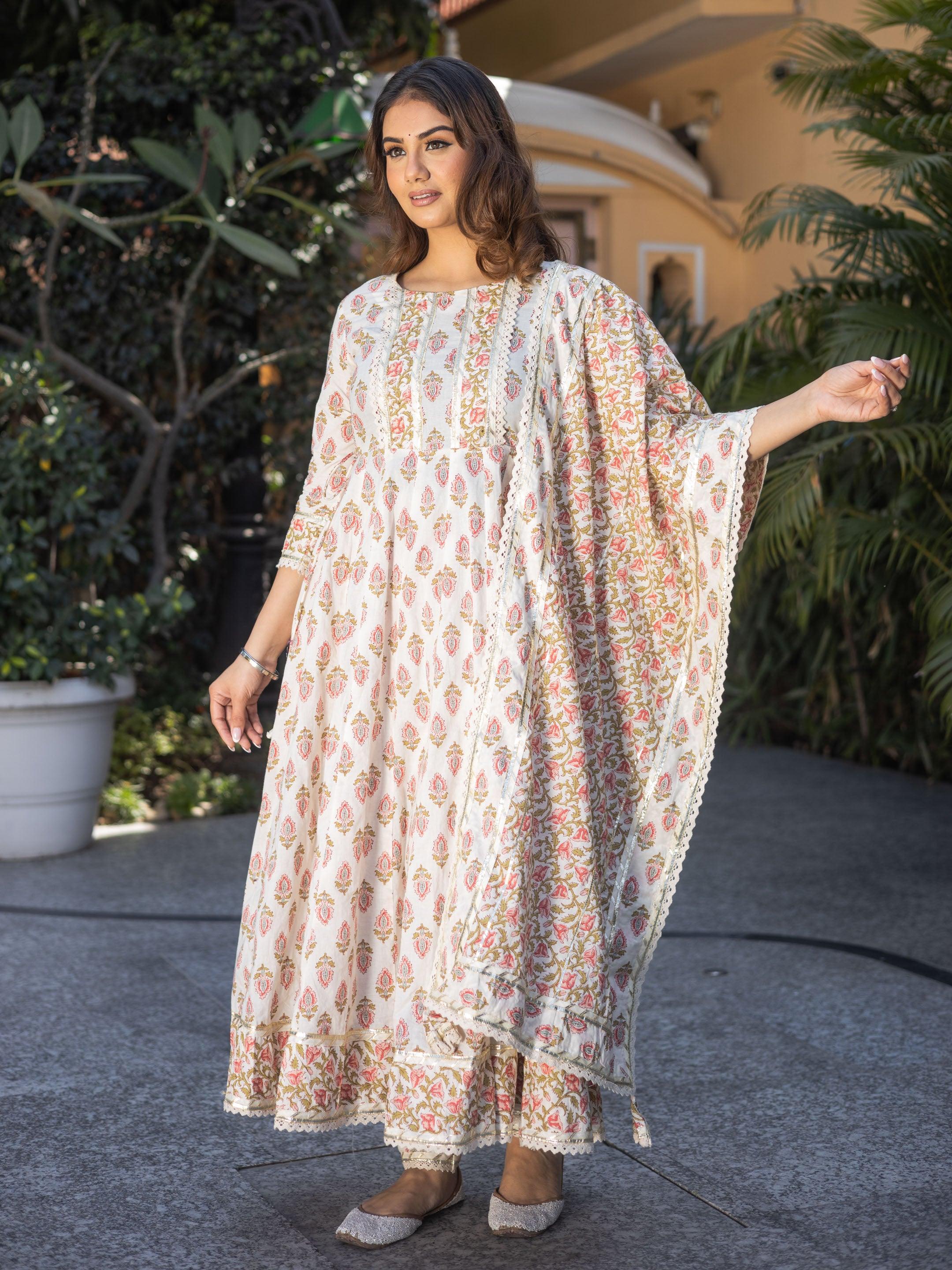 Elyora Cream Floral Anarkali Cotton Kurta Palazzo set with Dupatta - Elyoraworld.com