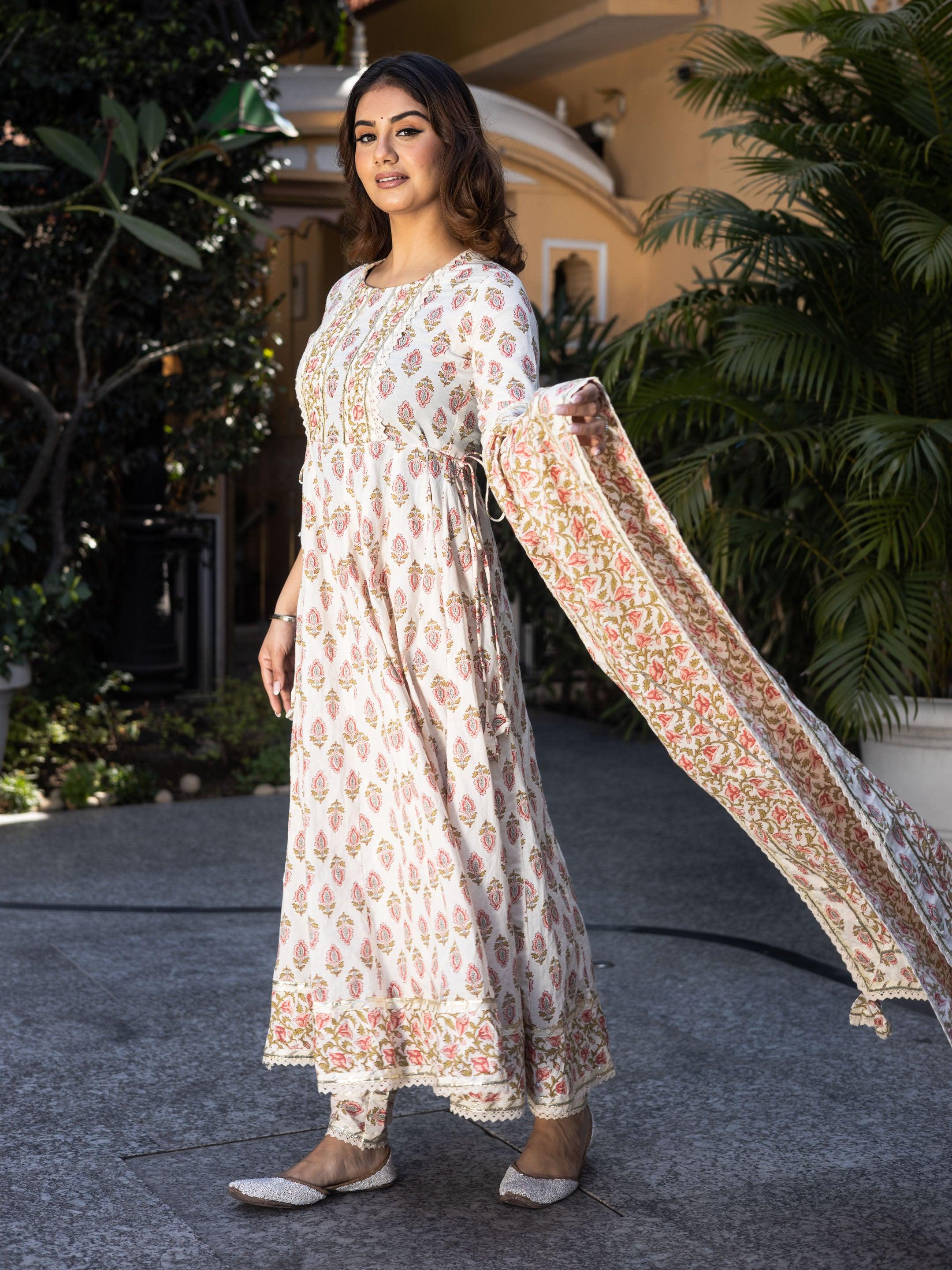 Elyora Cream Floral Anarkali Cotton Kurta Palazzo set with Dupatta - Elyoraworld.com