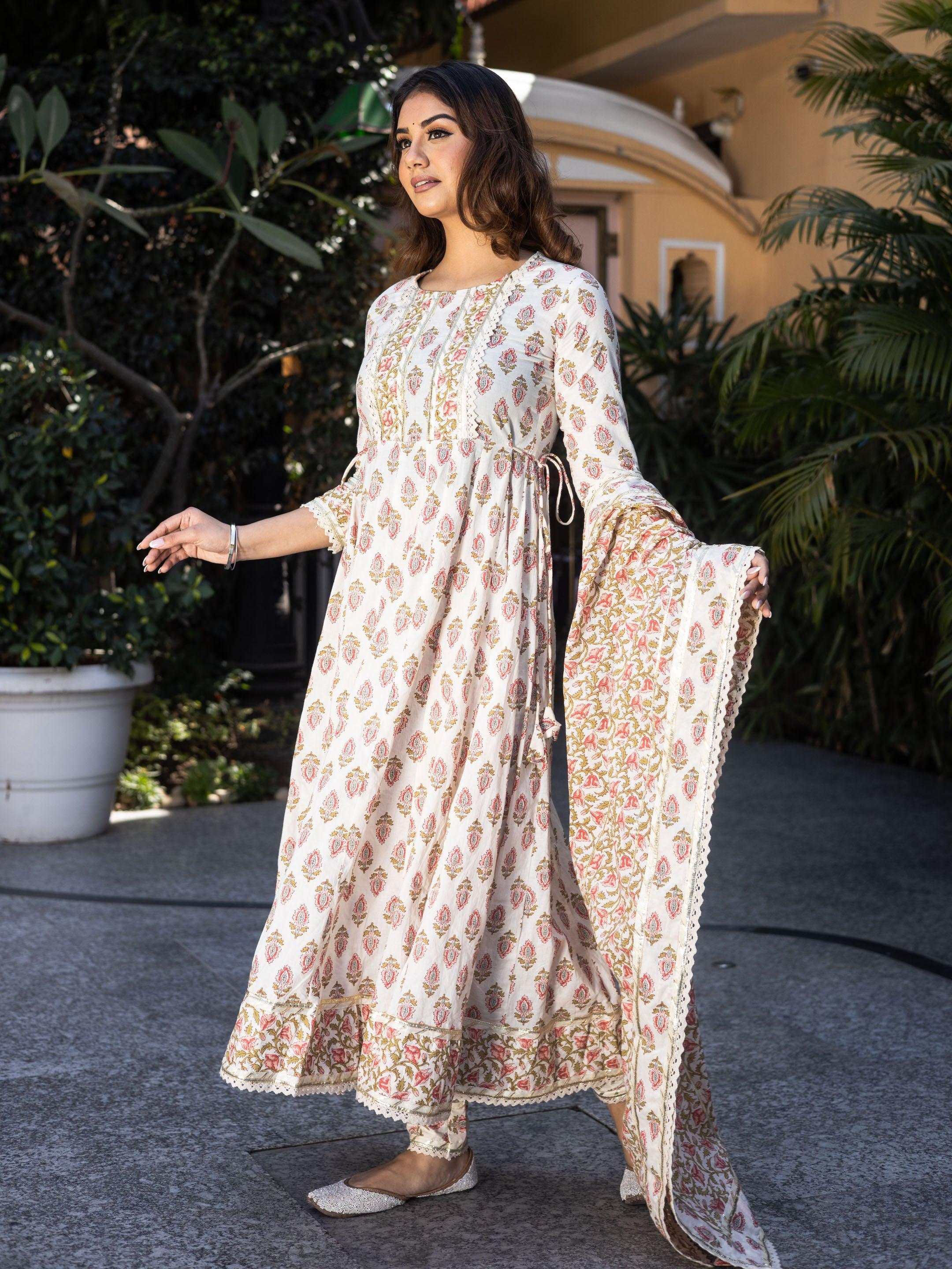 Elyora Cream Floral Anarkali Cotton Kurta Palazzo set with Dupatta - Elyoraworld.com