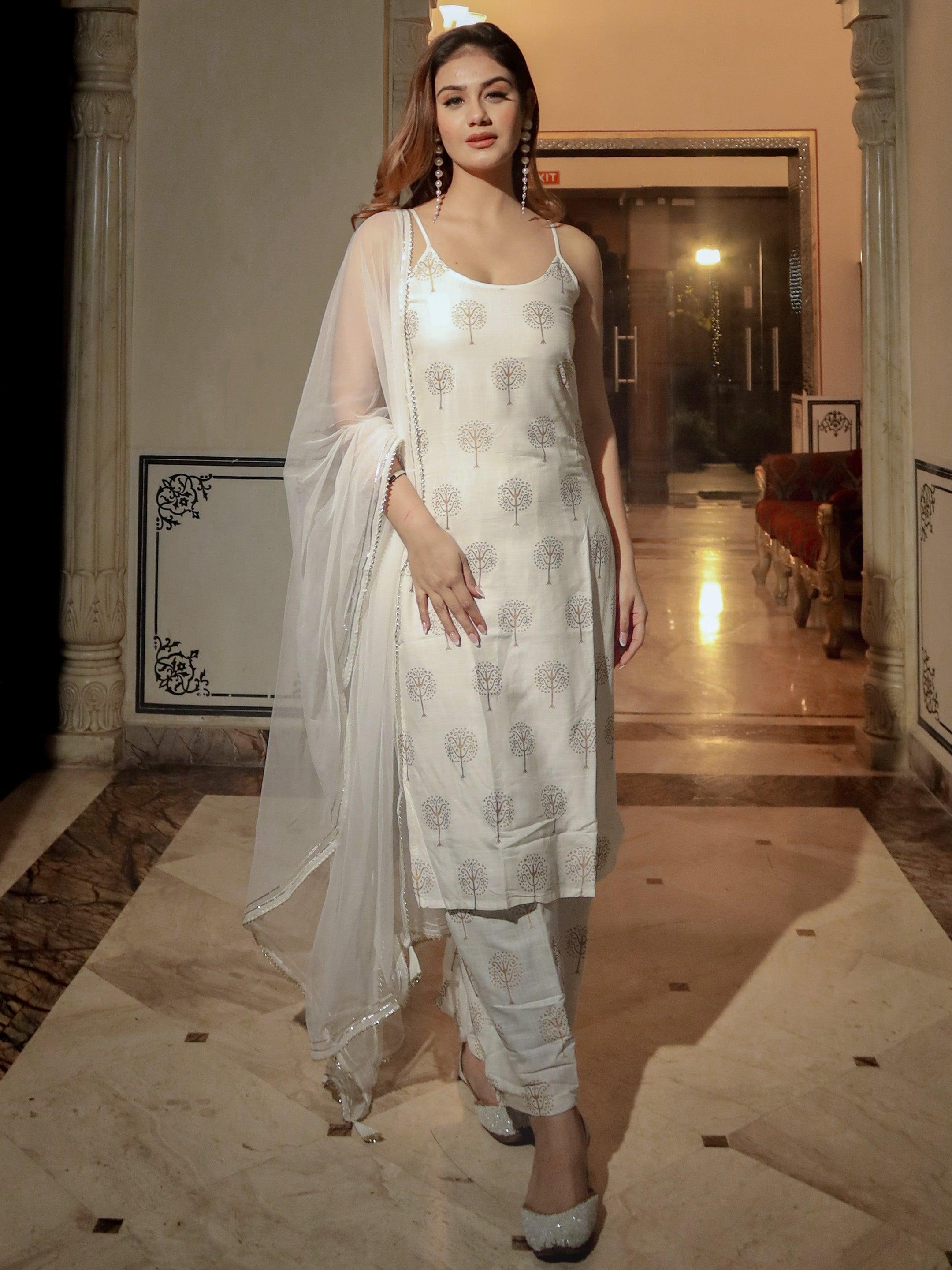 Elyora white shoulder strip Kurta Palazoo set with net Dupatta - Elyoraworld.com