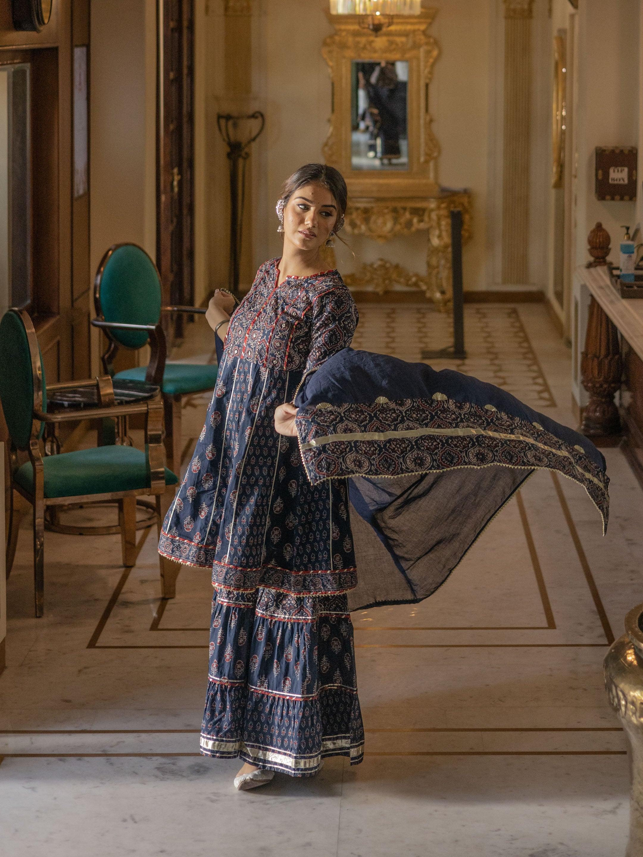 Elyora Indigo Cotton Short kurti Sharara set with Dupatta - Elyoraworld.com