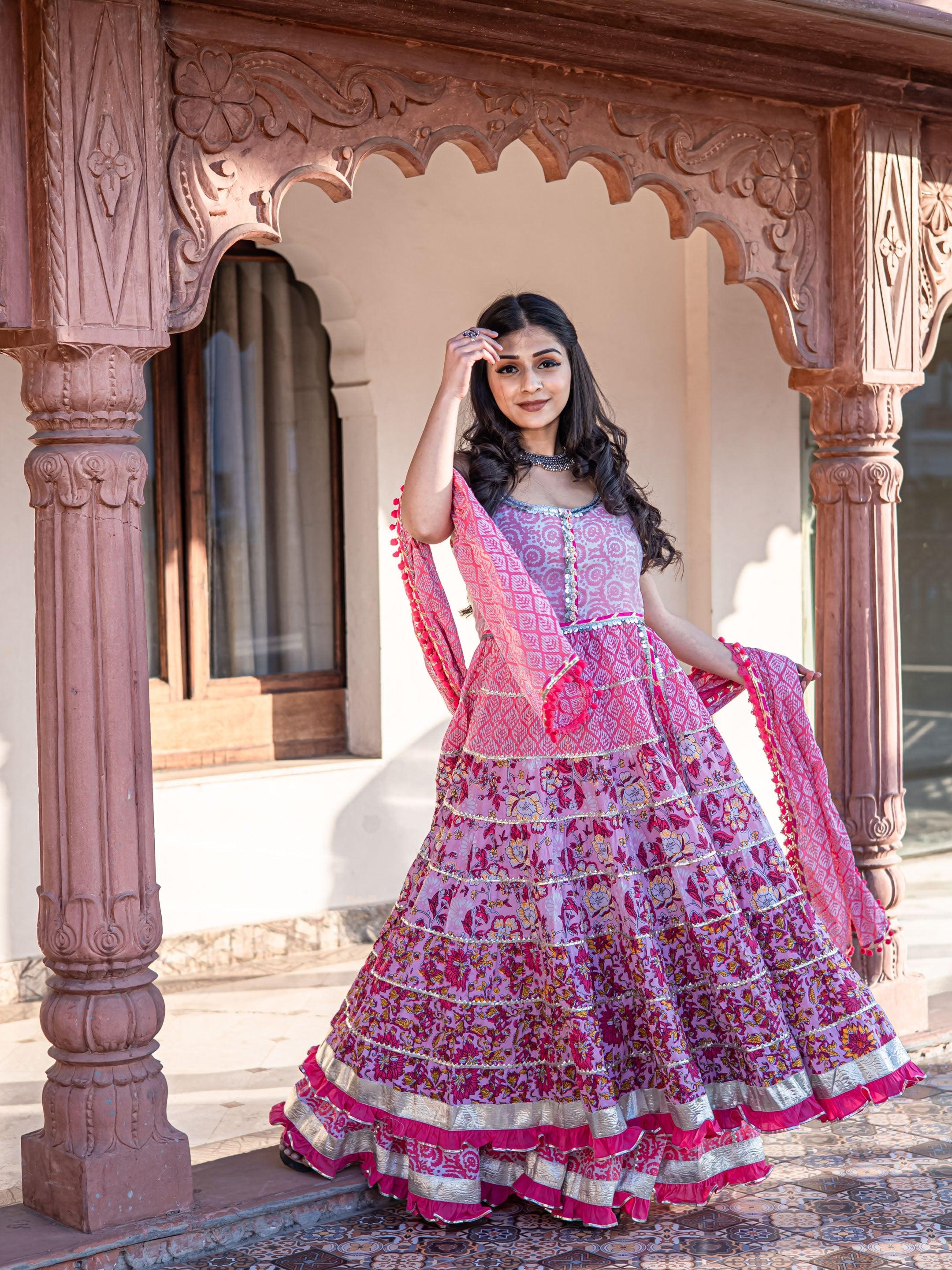 Elyora Pink Cotton Sleeves less Anarkali Sharara set with Dupatta - Elyoraworld.com