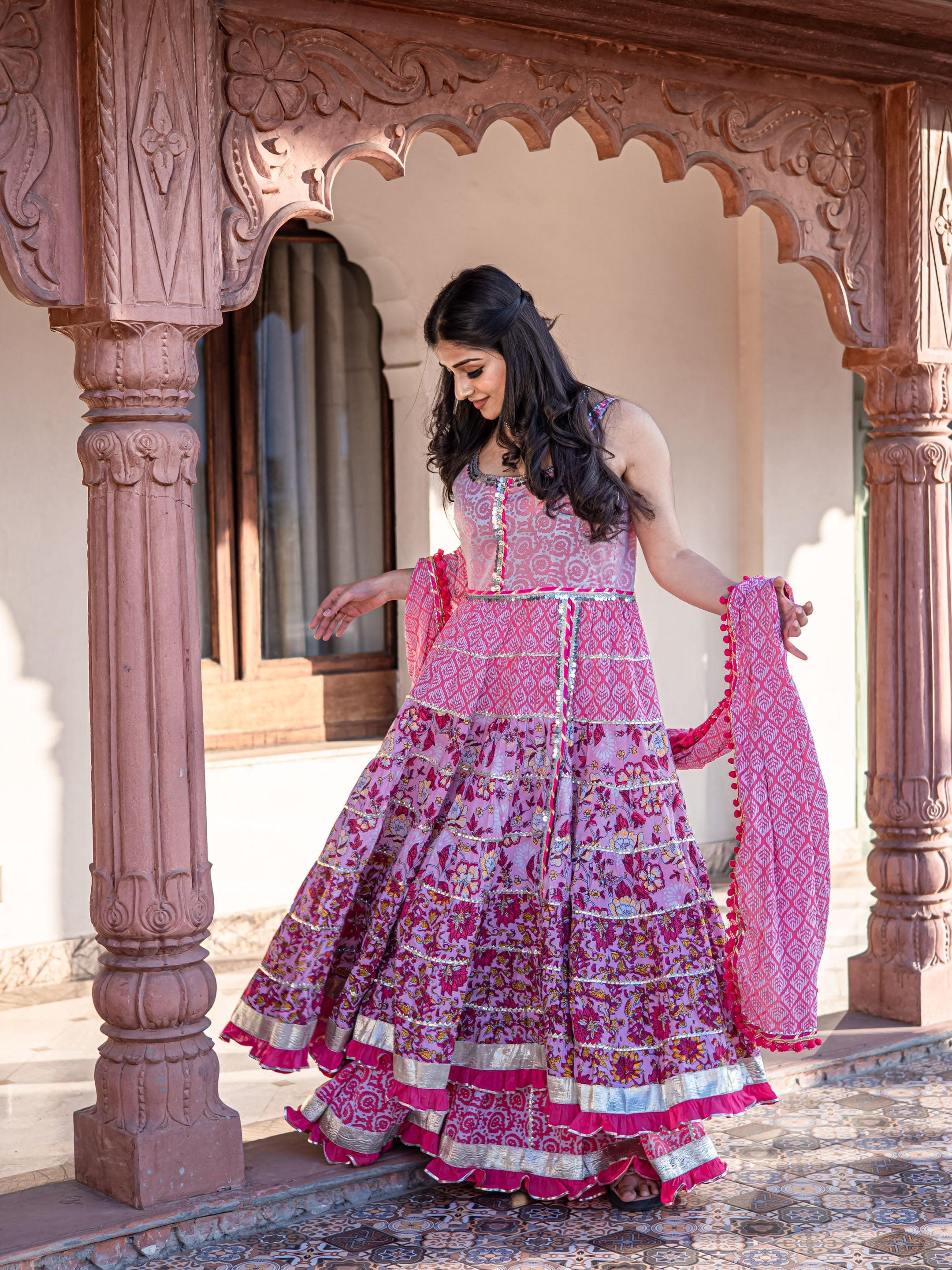 Elyora Pink Cotton Sleeves less Anarkali Sharara set with Dupatta - Elyoraworld.com