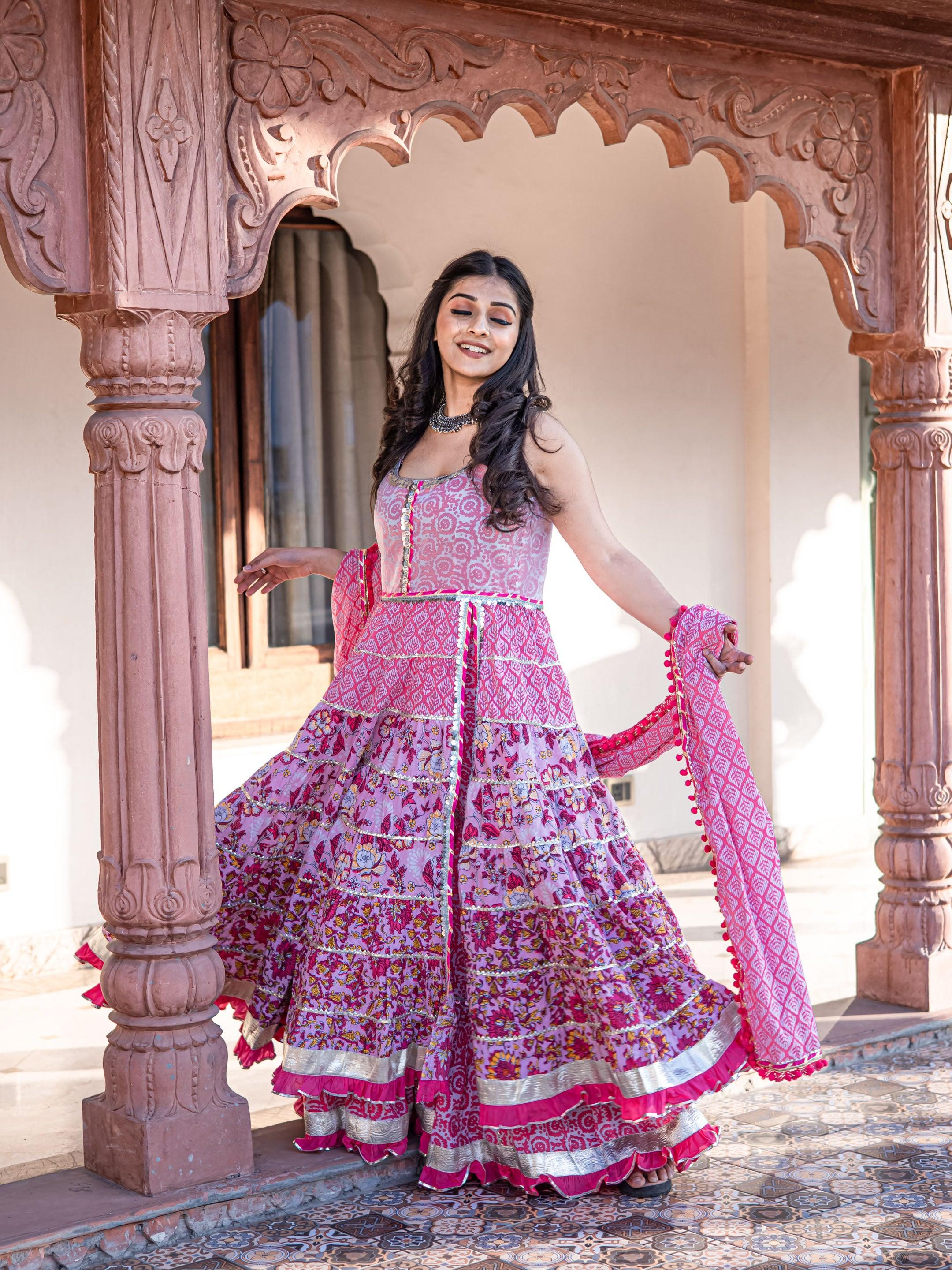 Elyora Pink Cotton Sleeves less Anarkali Sharara set with Dupatta - Elyoraworld.com